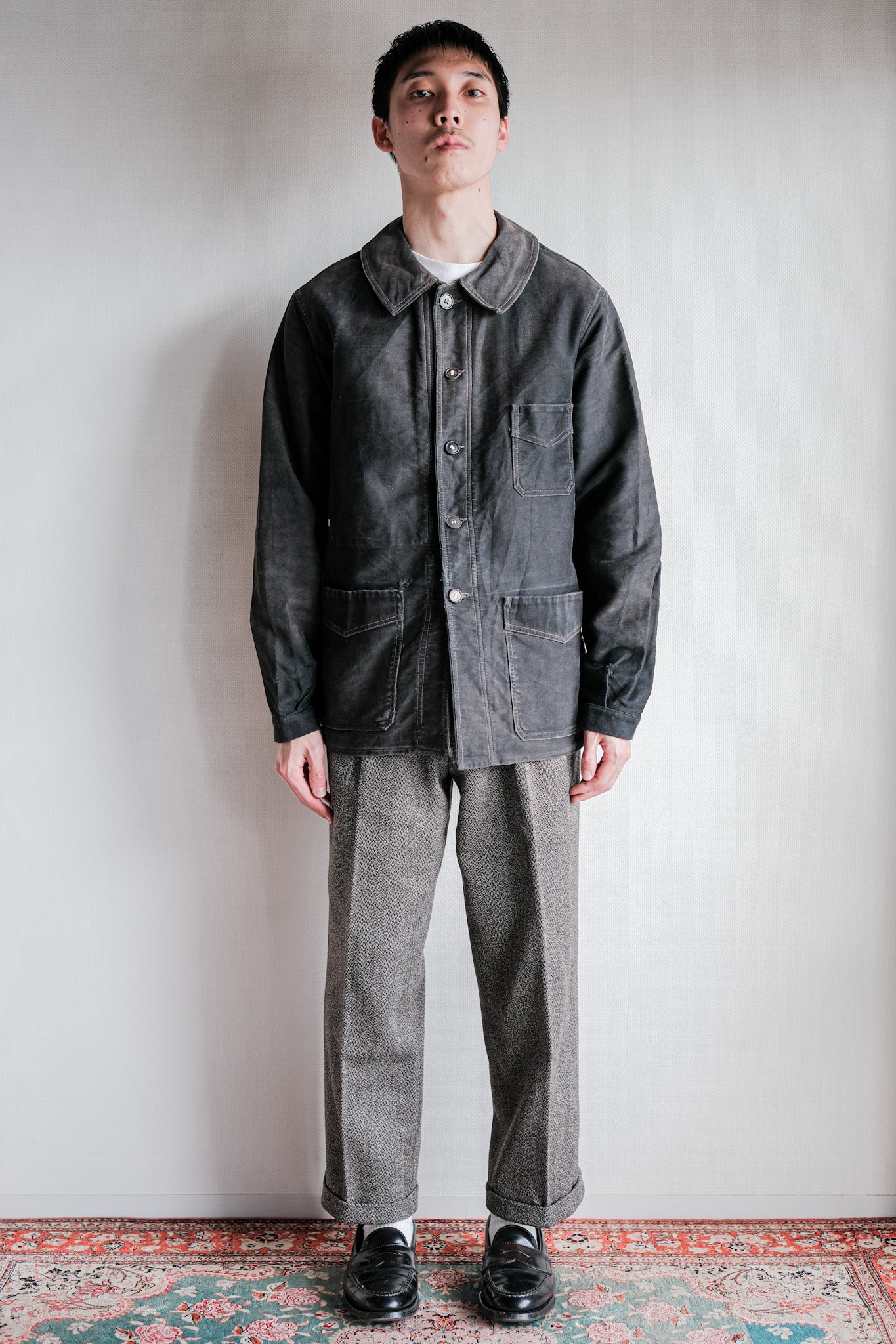 【~40's】French Vintage Black Moleskin Work Jacket "Le Mont St. Michel"