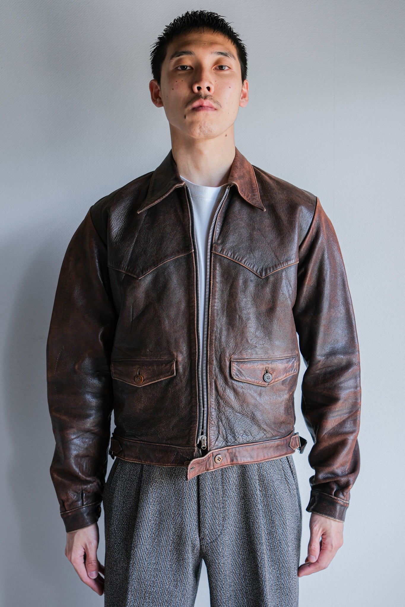 【~40's】French Vintage Leather Cyclist Jacket