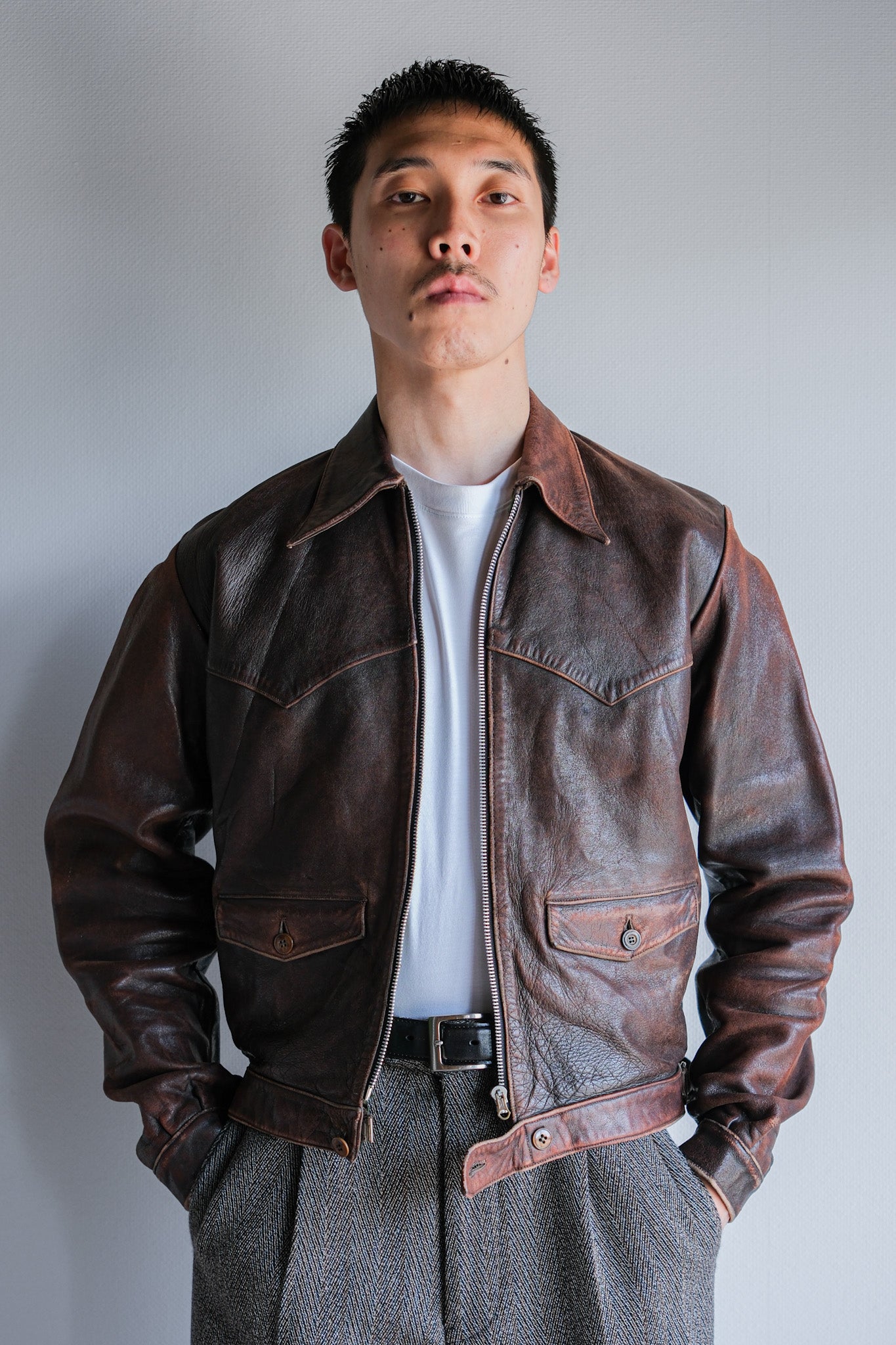 【~40's】French Vintage Leather Cyclist Jacket