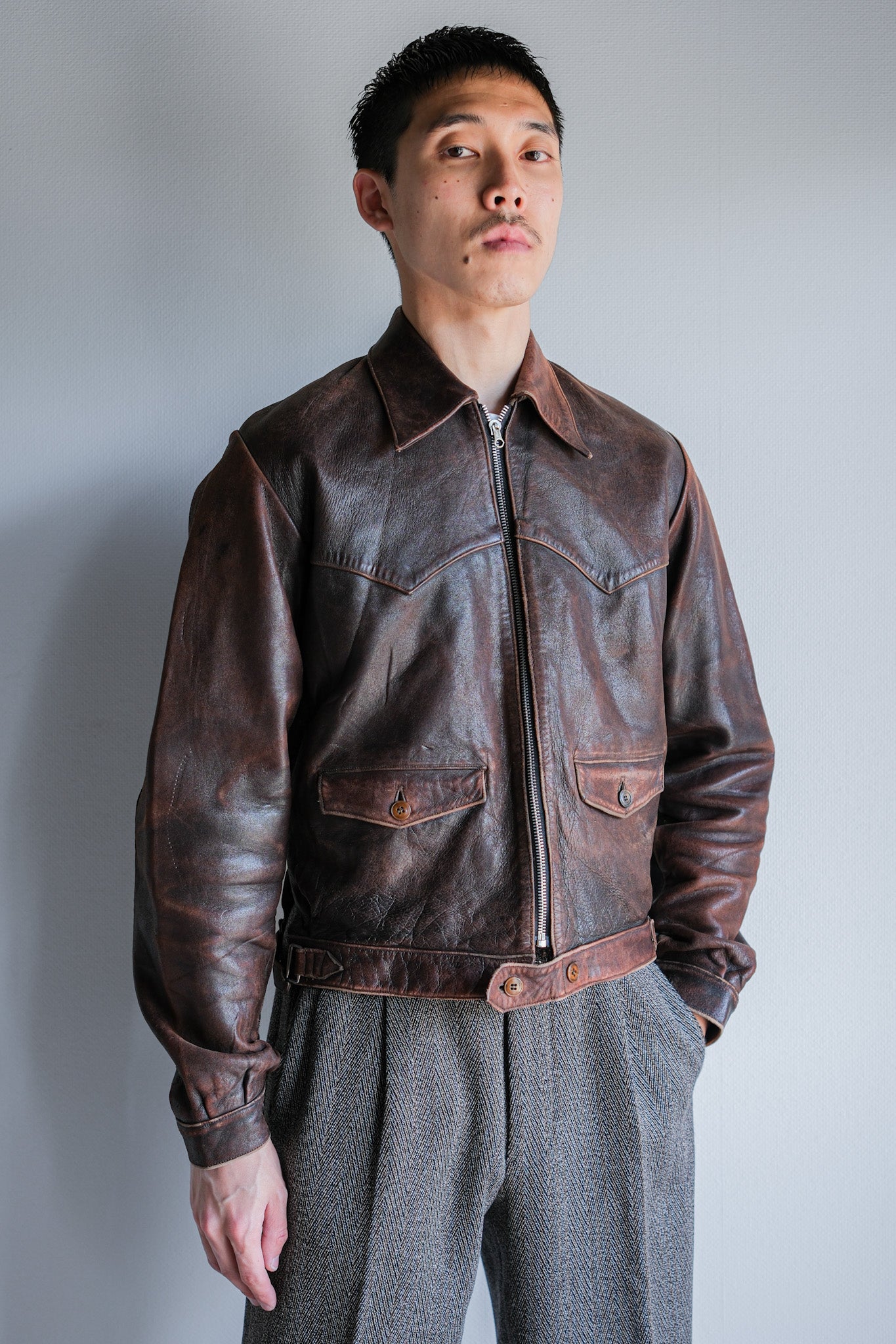 【~40's】French Vintage Leather Cyclist Jacket