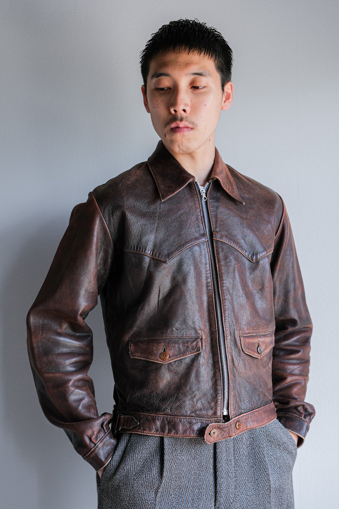 【~40's】French Vintage Leather Cyclist Jacket