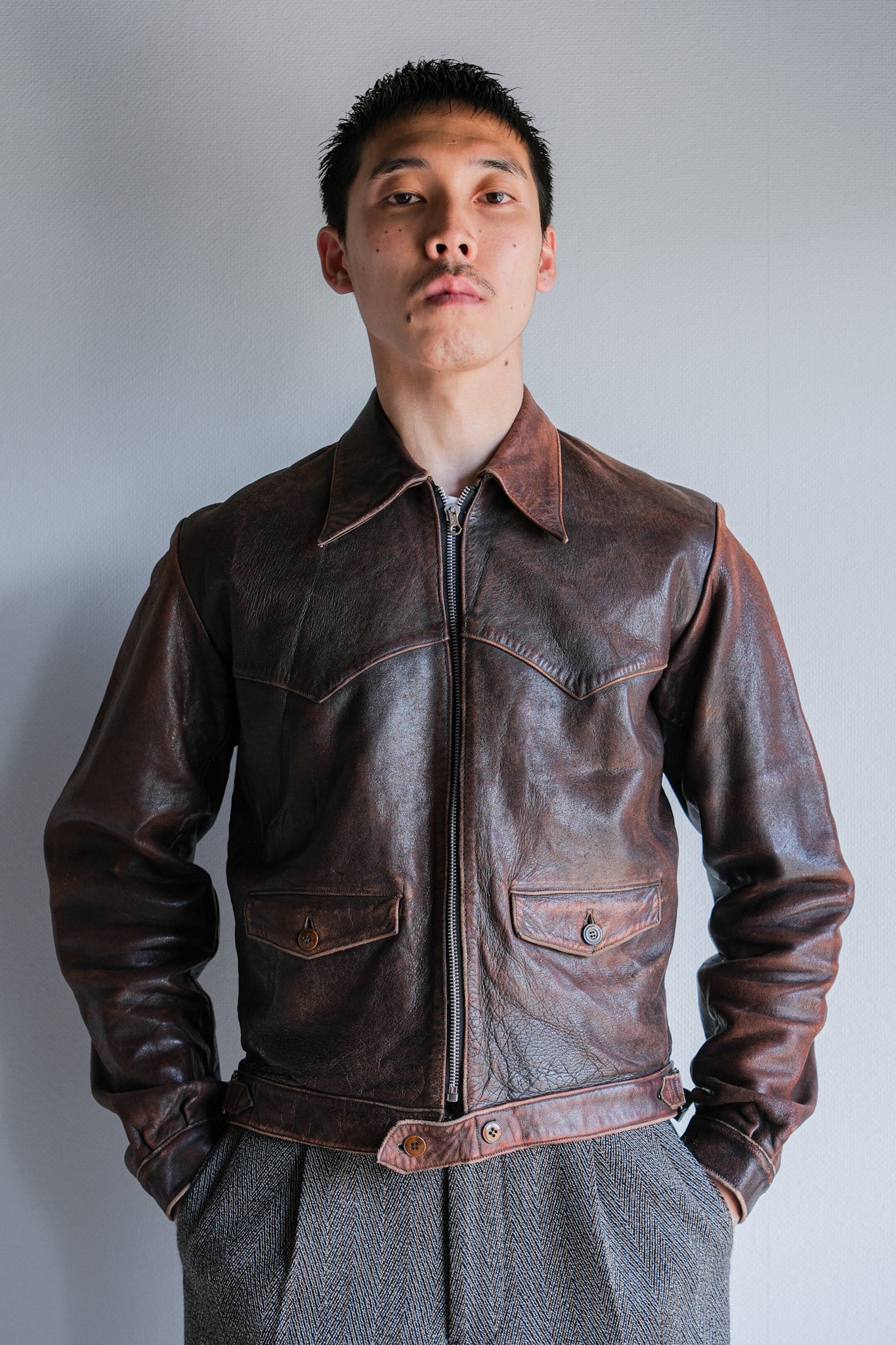【~40's】French Vintage Leather Cyclist Jacket