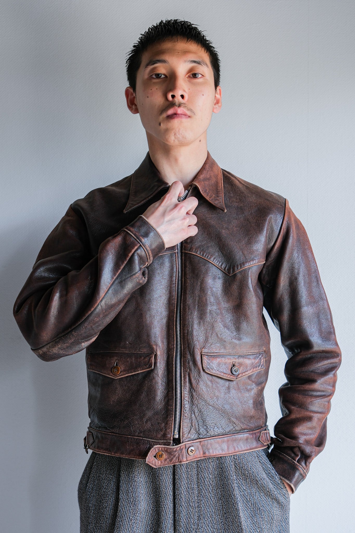 【~40's】French Vintage Leather Cyclist Jacket