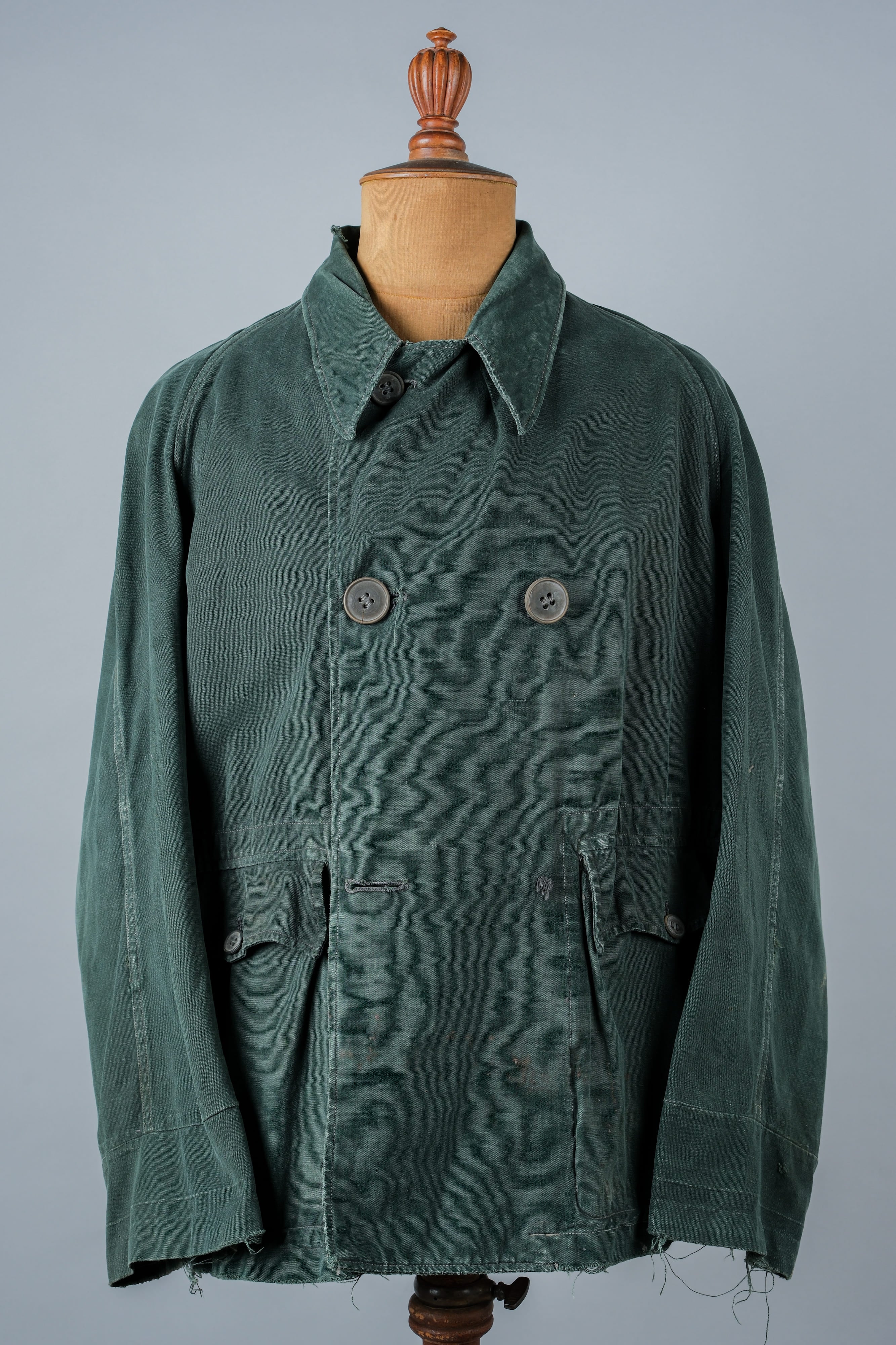 【~40's】WWII French CJF Green Cotton Linen Double Breasted Jacket "Modified"