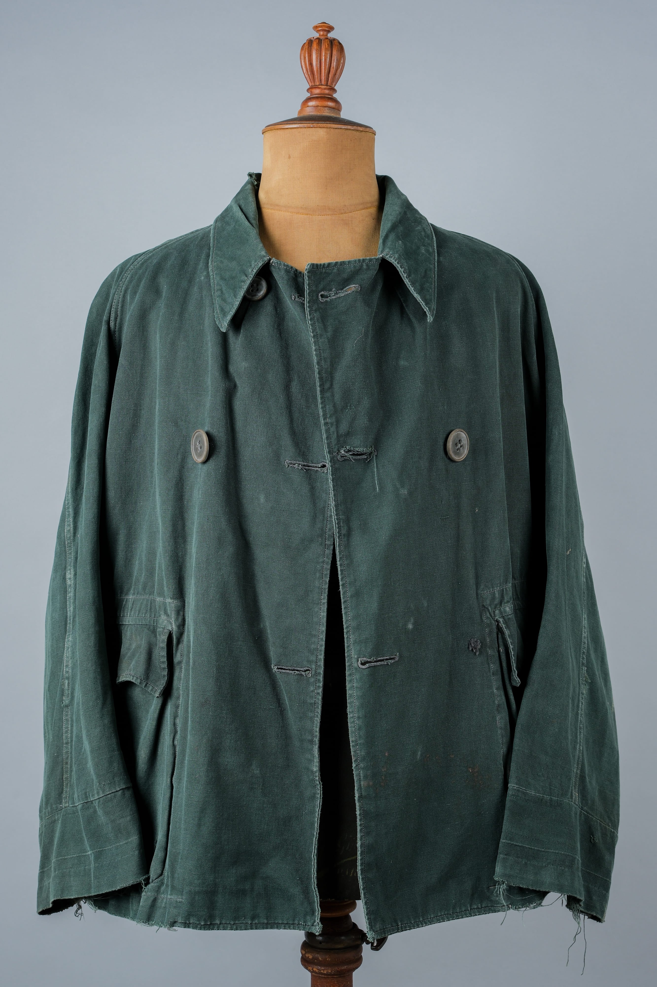 【~40's】WWII French CJF Green Cotton Linen Double Breasted Jacket "Modified"