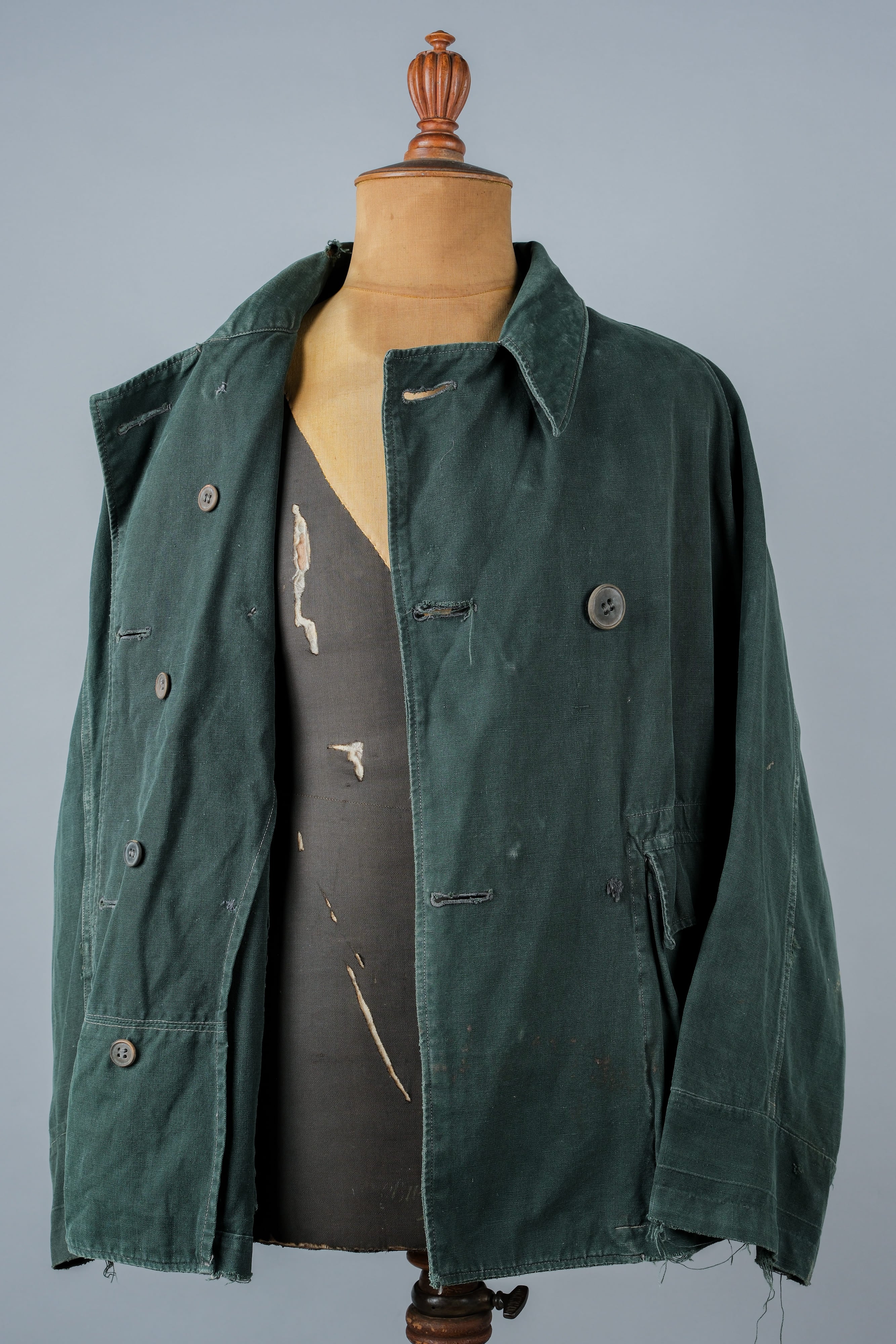 【~40's】WWII French CJF Green Cotton Linen Double Breasted Jacket "Modified"