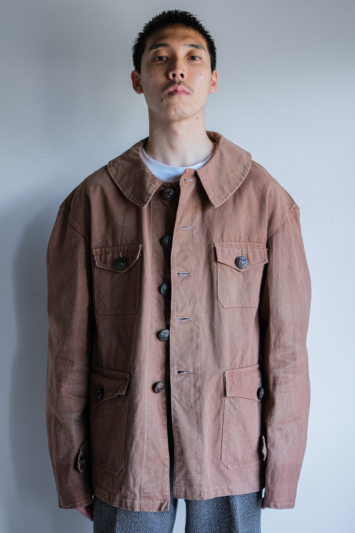 【~40's】French Vintage Reddish Brown Cotton Canvas Hunting Jacket