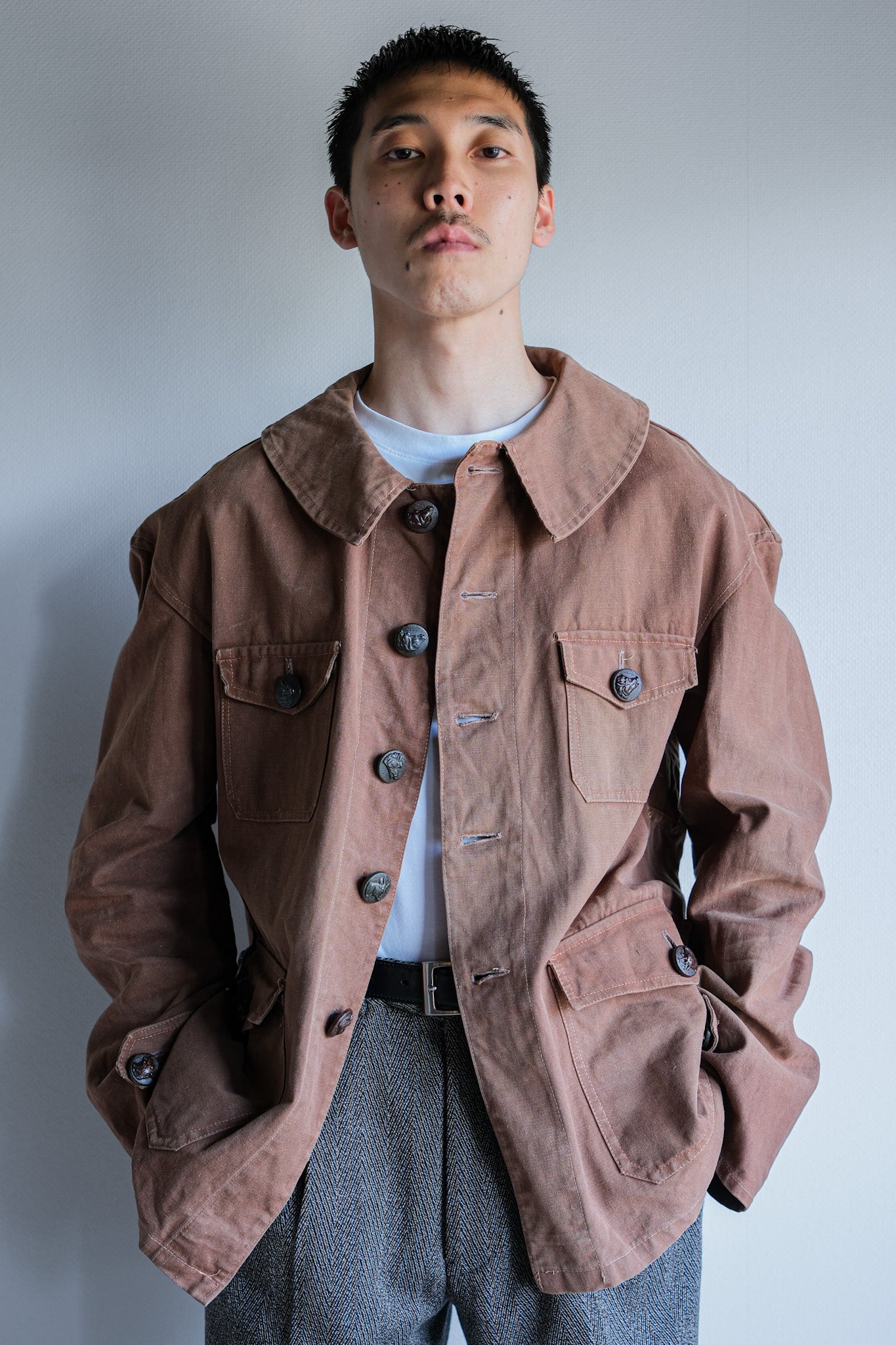 【~40's】French Vintage Reddish Brown Cotton Canvas Hunting Jacket