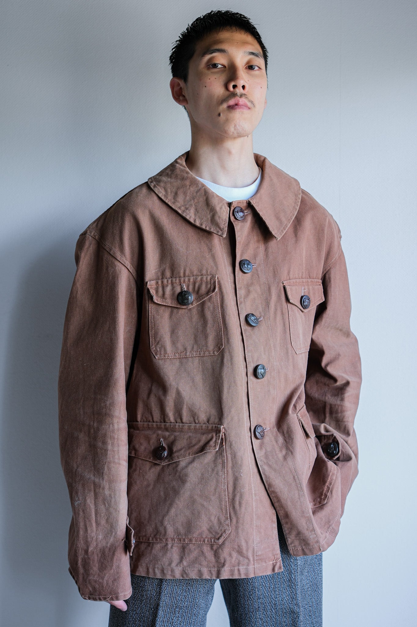 【~40's】French Vintage Reddish Brown Cotton Canvas Hunting Jacket