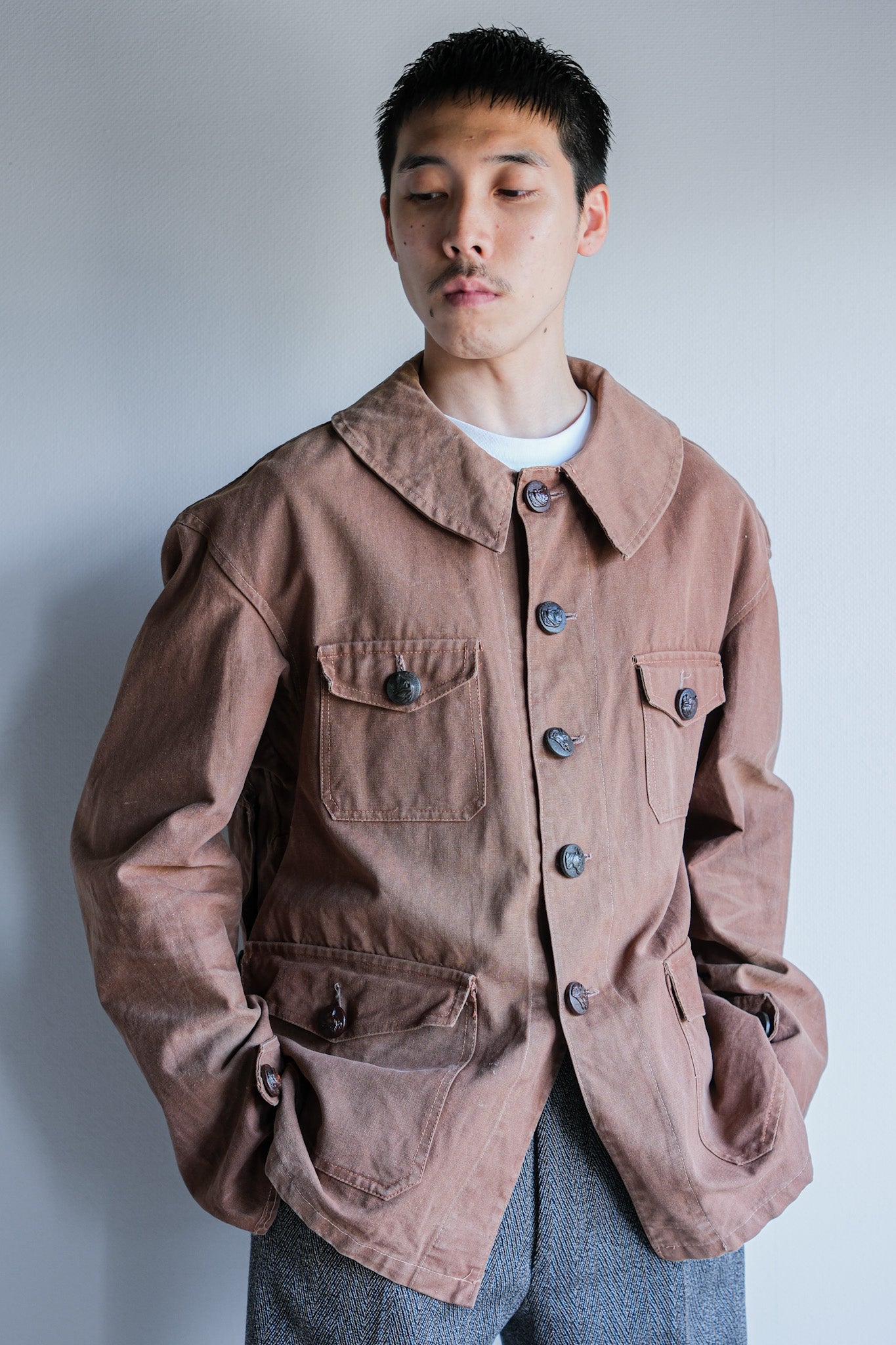 【~40's】French Vintage Reddish Brown Cotton Canvas Hunting Jacket