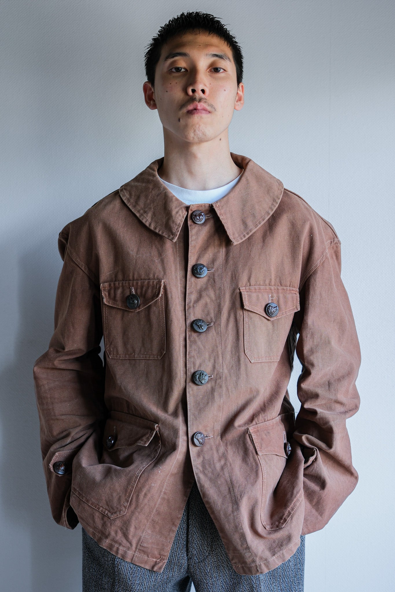 【~40's】French Vintage Reddish Brown Cotton Canvas Hunting Jacket