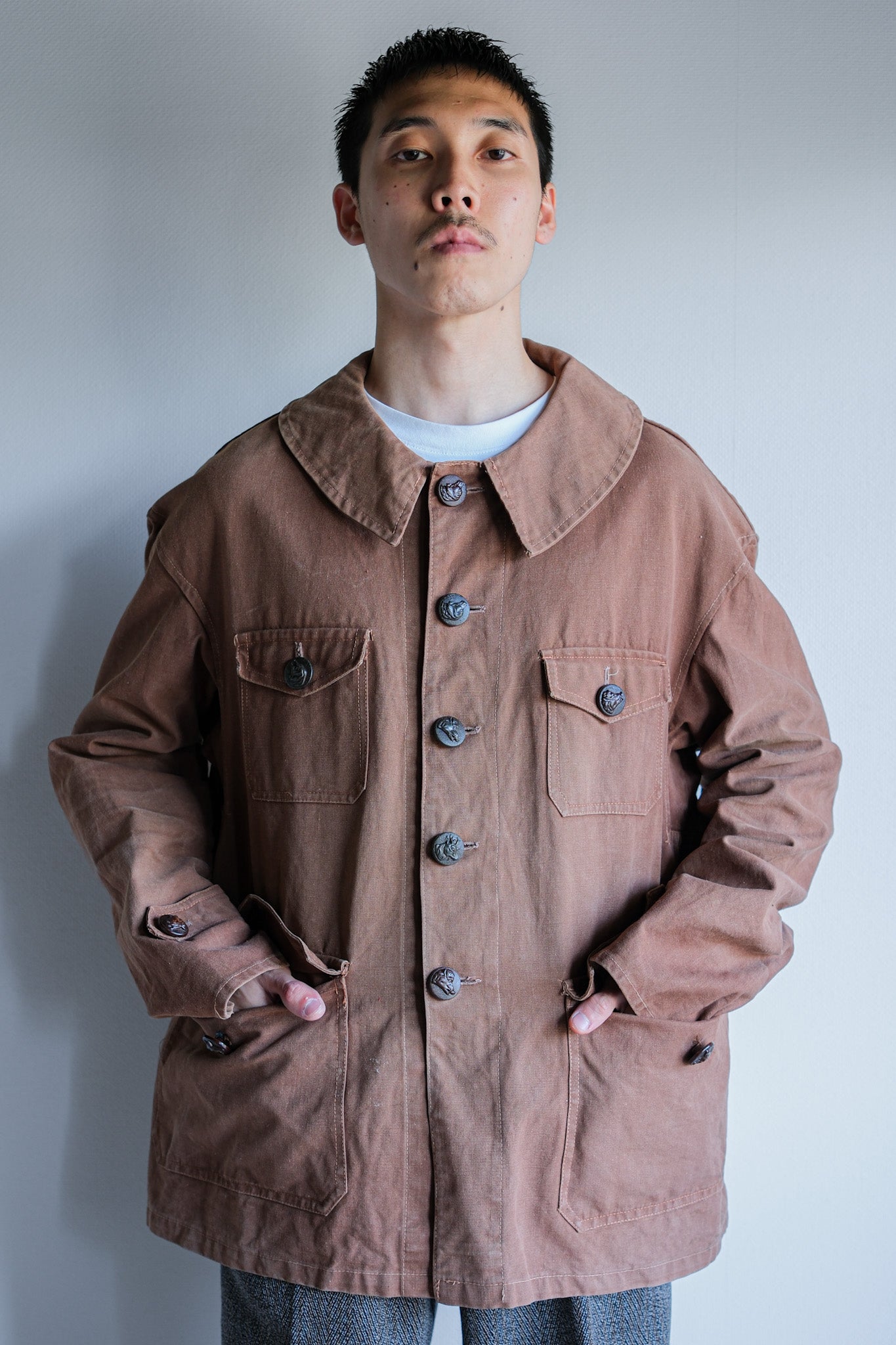 【~40's】French Vintage Reddish Brown Cotton Canvas Hunting Jacket