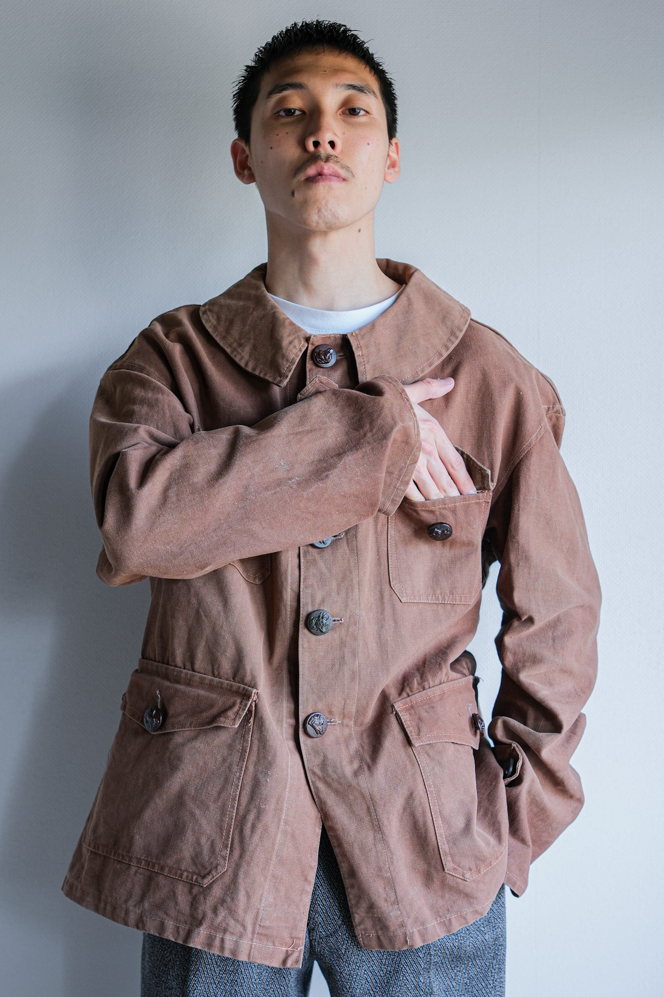 【~40's】French Vintage Reddish Brown Cotton Canvas Hunting Jacket