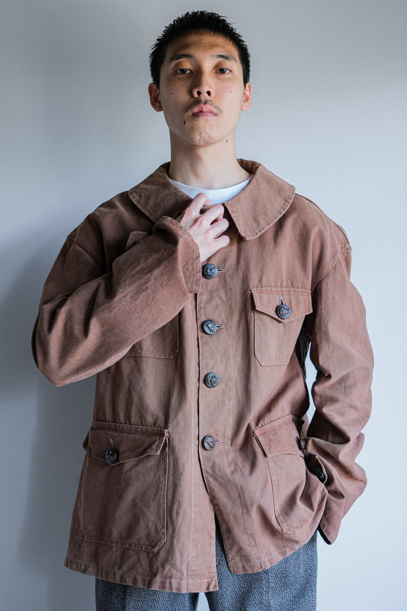 【~40's】French Vintage Reddish Brown Cotton Canvas Hunting Jacket