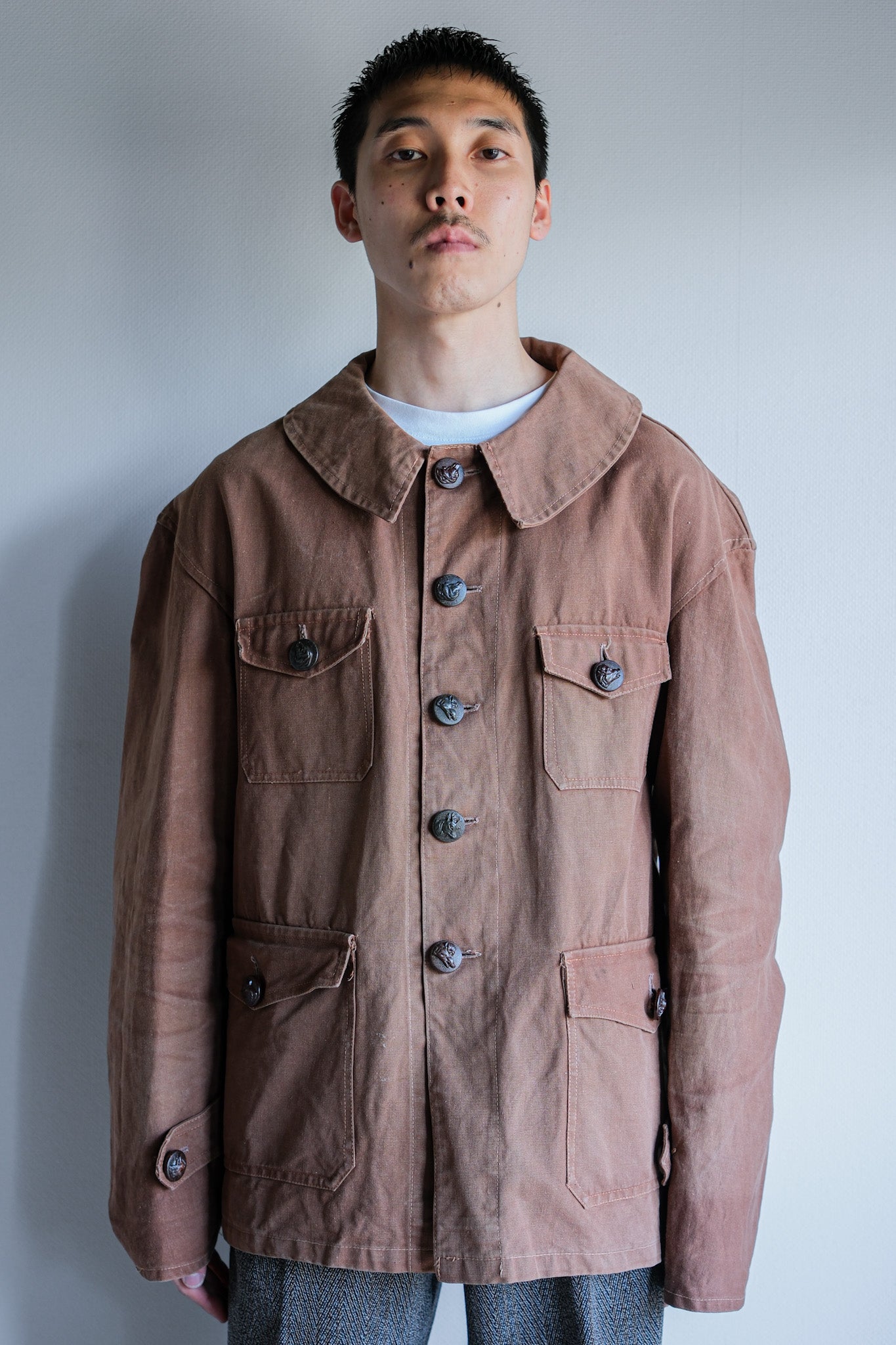 【~40's】French Vintage Reddish Brown Cotton Canvas Hunting Jacket