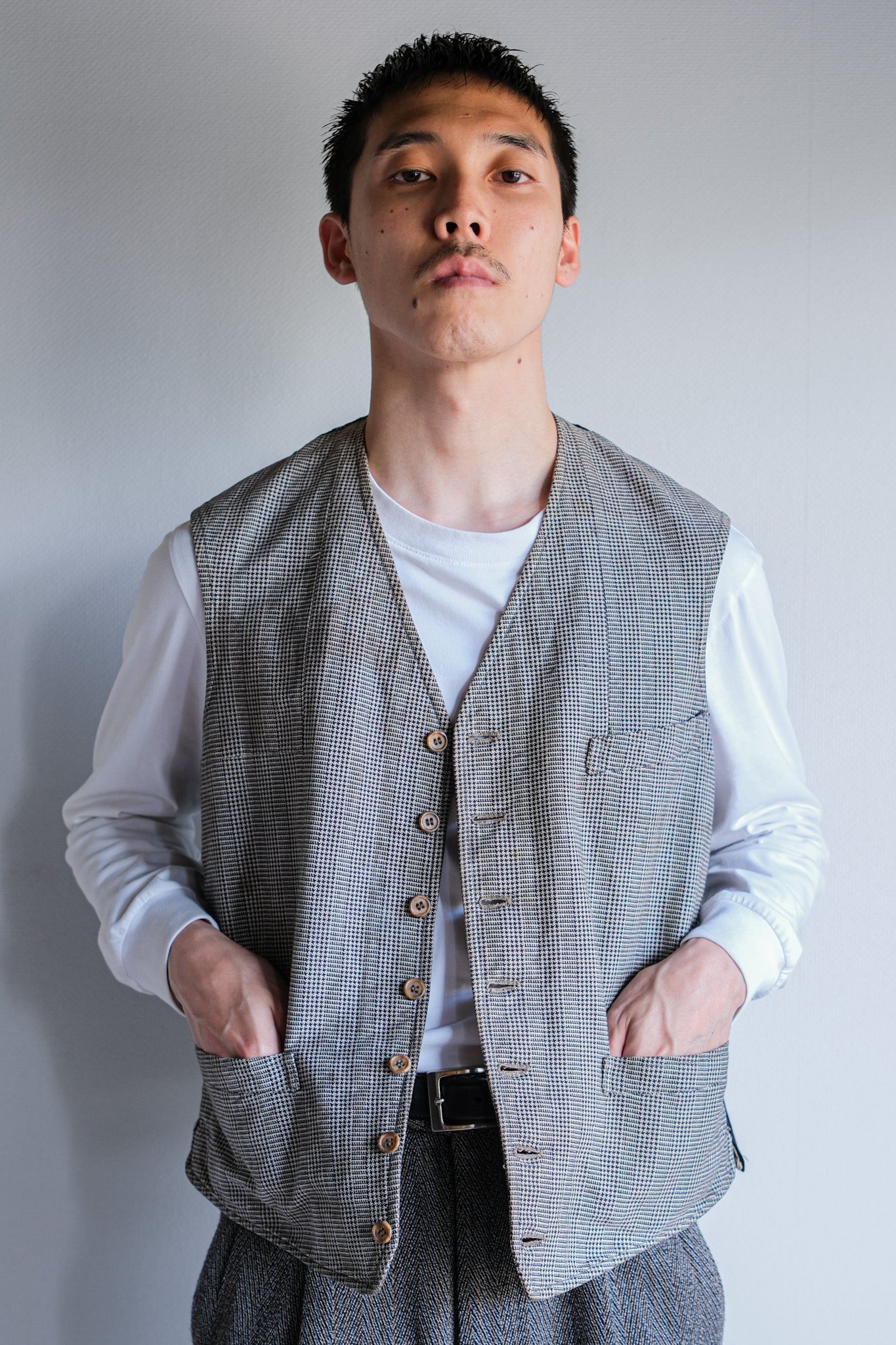 【~30's】French Vintage Houndstooth Cotton Work Gilet "Unusual Fabric"