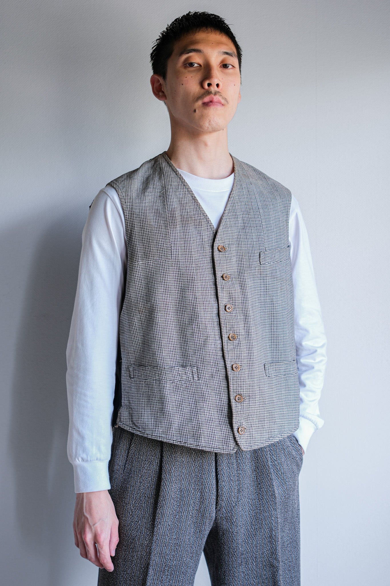 【~30's】French Vintage Houndstooth Cotton Work Gilet "Unusual Fabric"