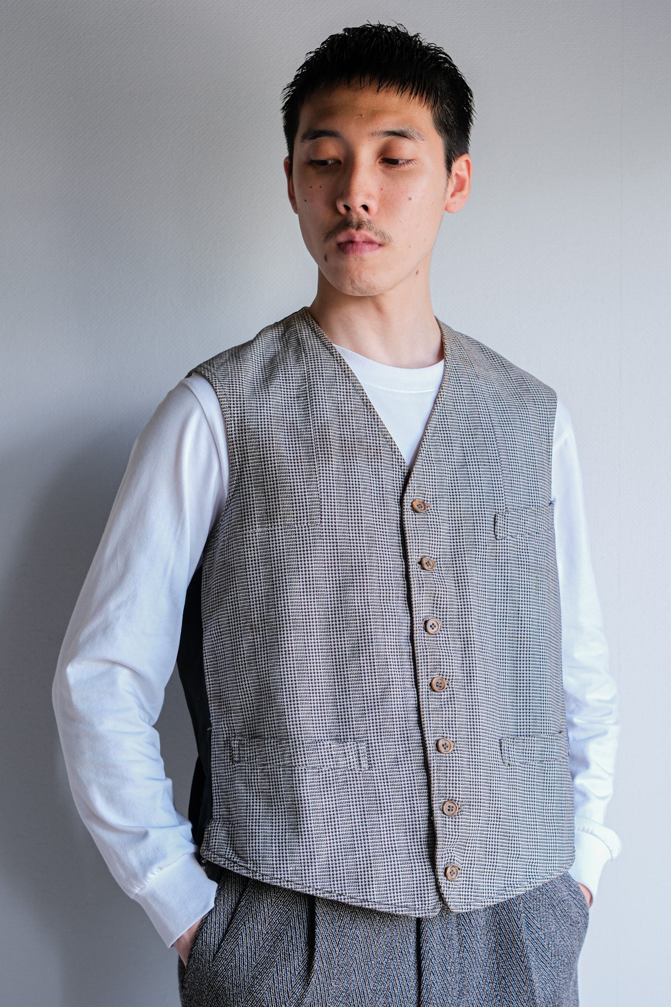 【~30's】French Vintage Houndstooth Cotton Work Gilet "Unusual Fabric"