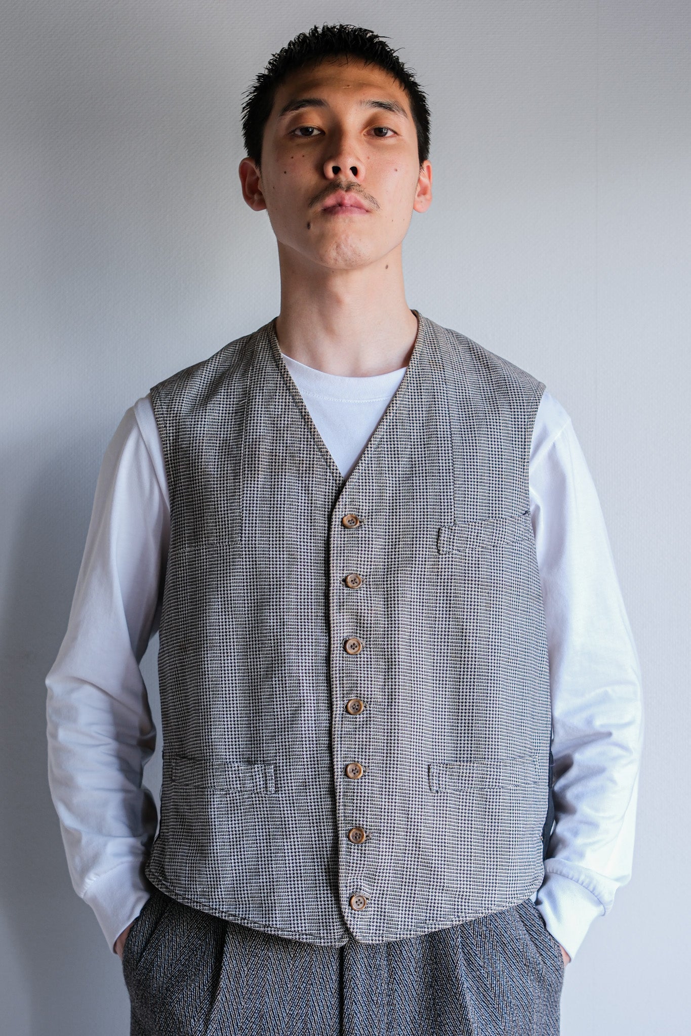 【~30's】French Vintage Houndstooth Cotton Work Gilet "Unusual Fabric"