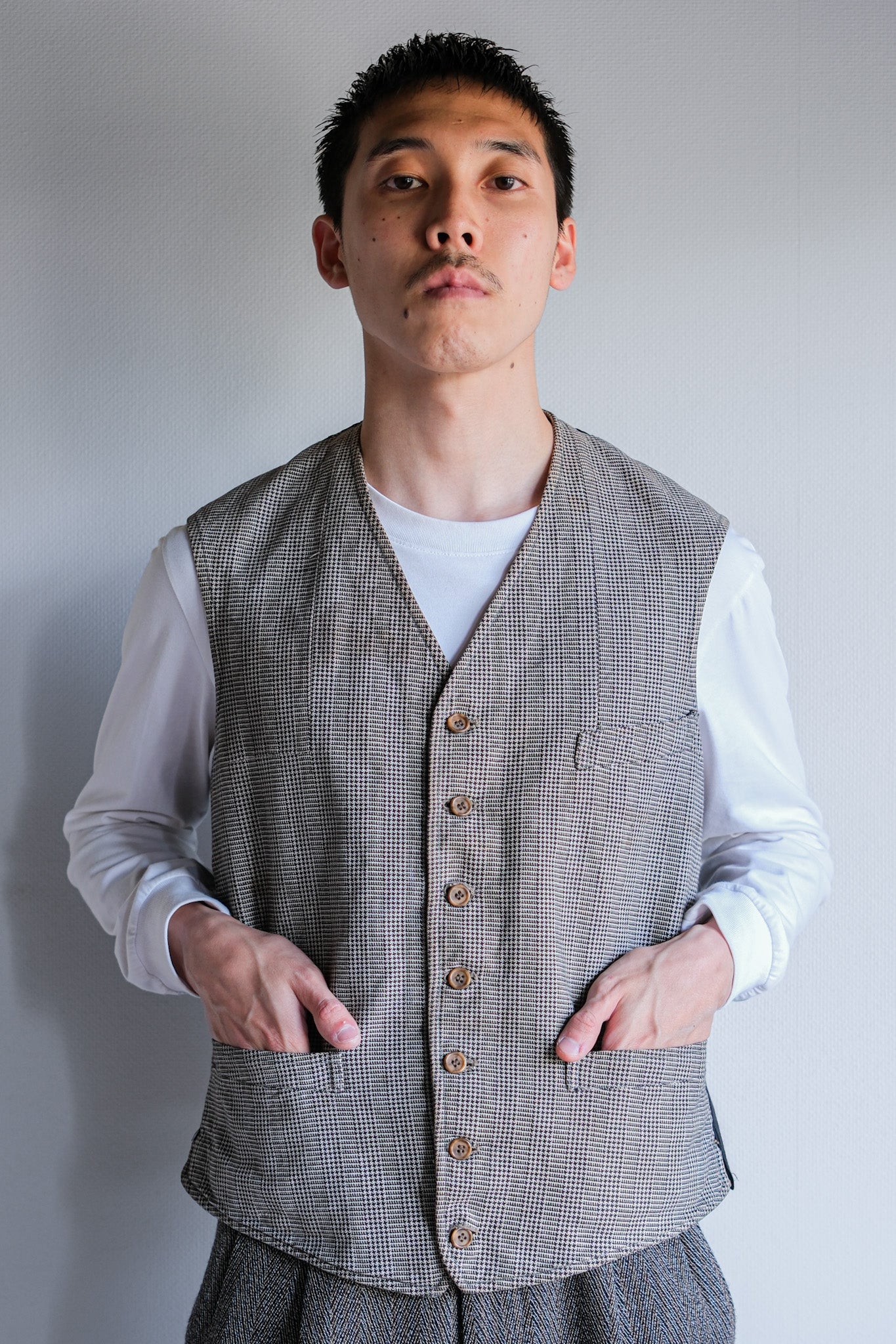 【~30's】French Vintage Houndstooth Cotton Work Gilet "Unusual Fabric"