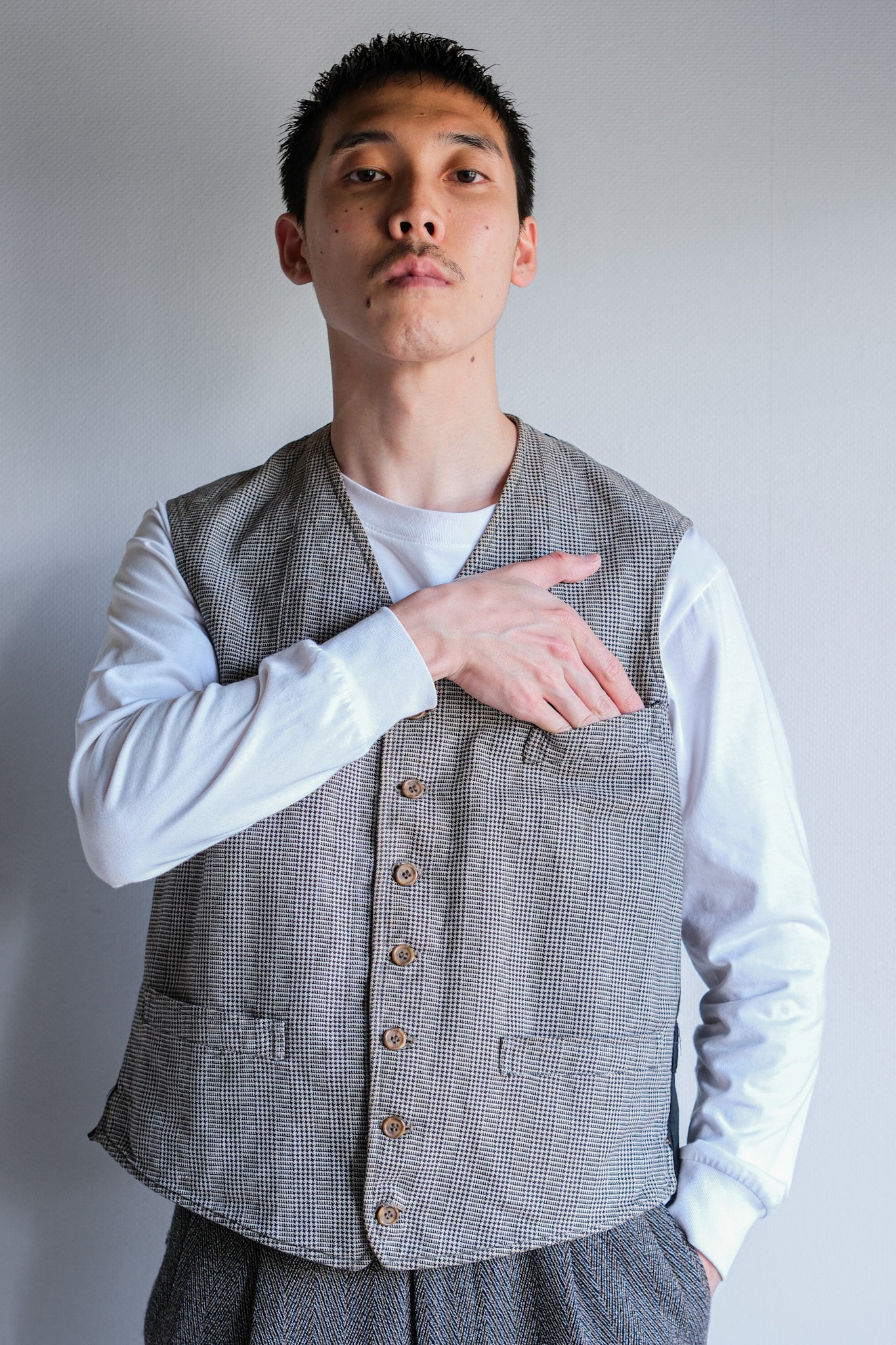 【~30's】French Vintage Houndstooth Cotton Work Gilet "Unusual Fabric"