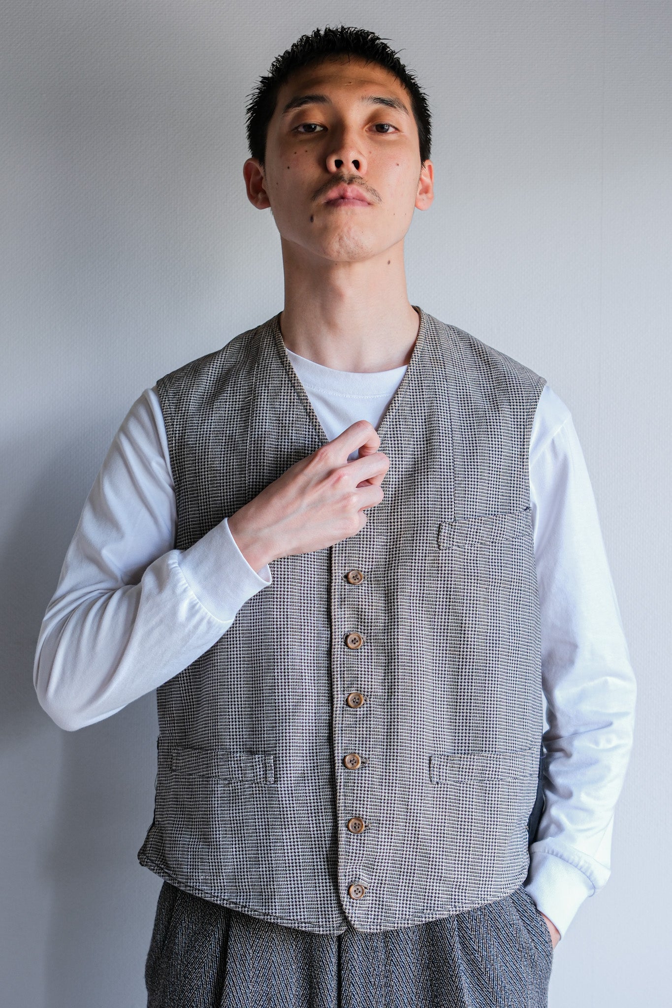 【~30's】French Vintage Houndstooth Cotton Work Gilet "Unusual Fabric"