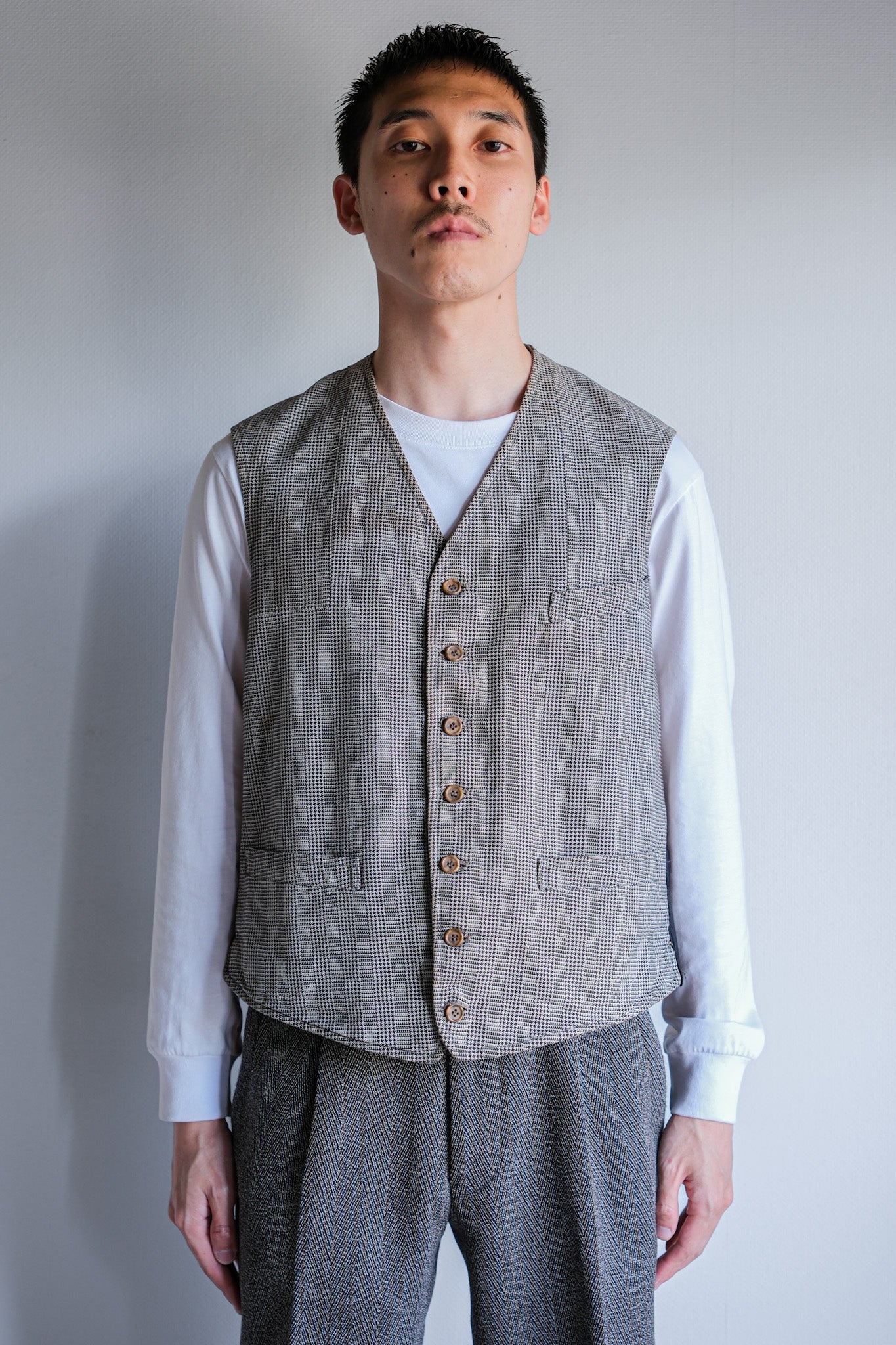 【~30's】French Vintage Houndstooth Cotton Work Gilet "Unusual Fabric"
