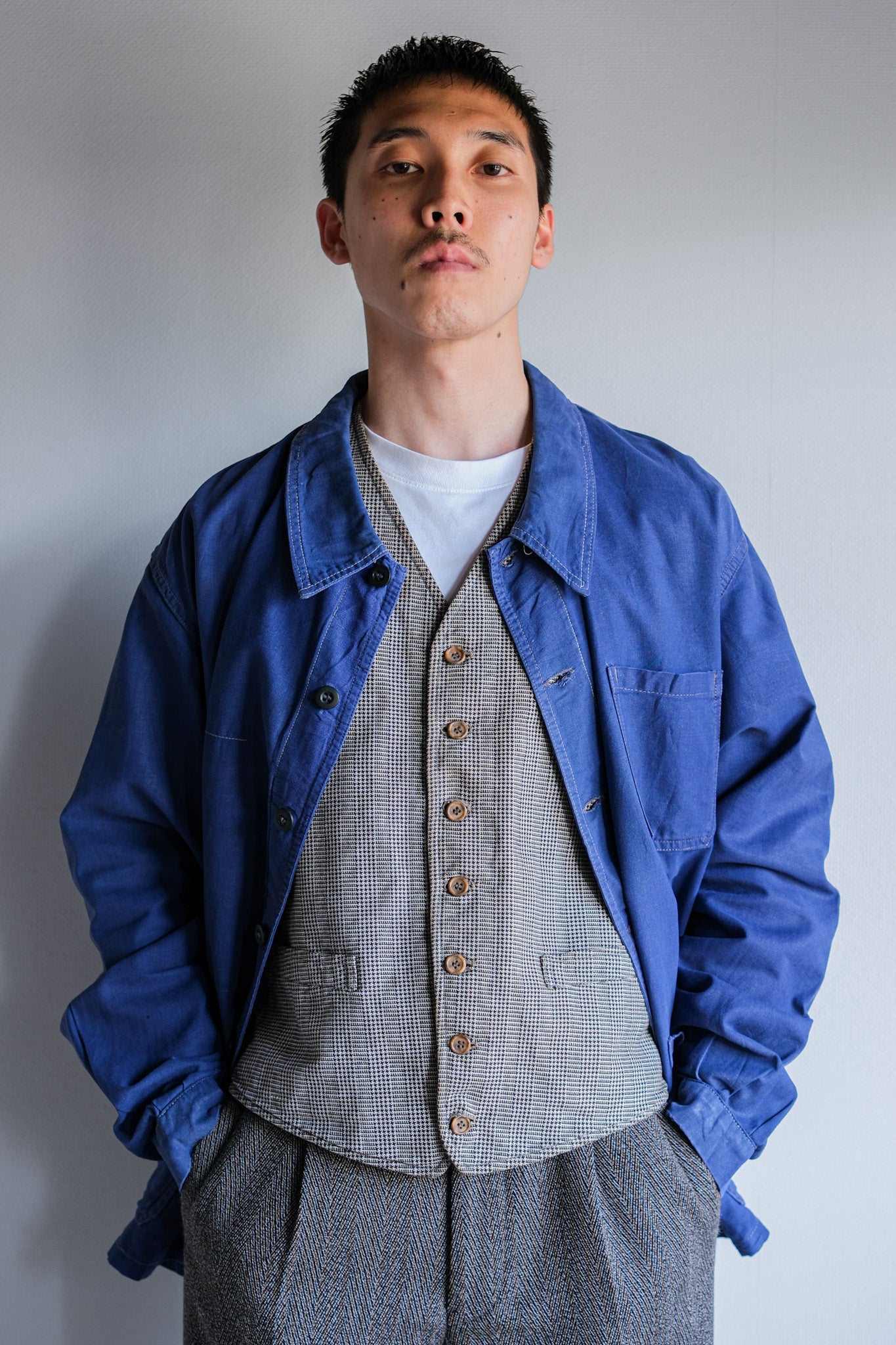 【~30's】French Vintage Houndstooth Cotton Work Gilet "Unusual Fabric"