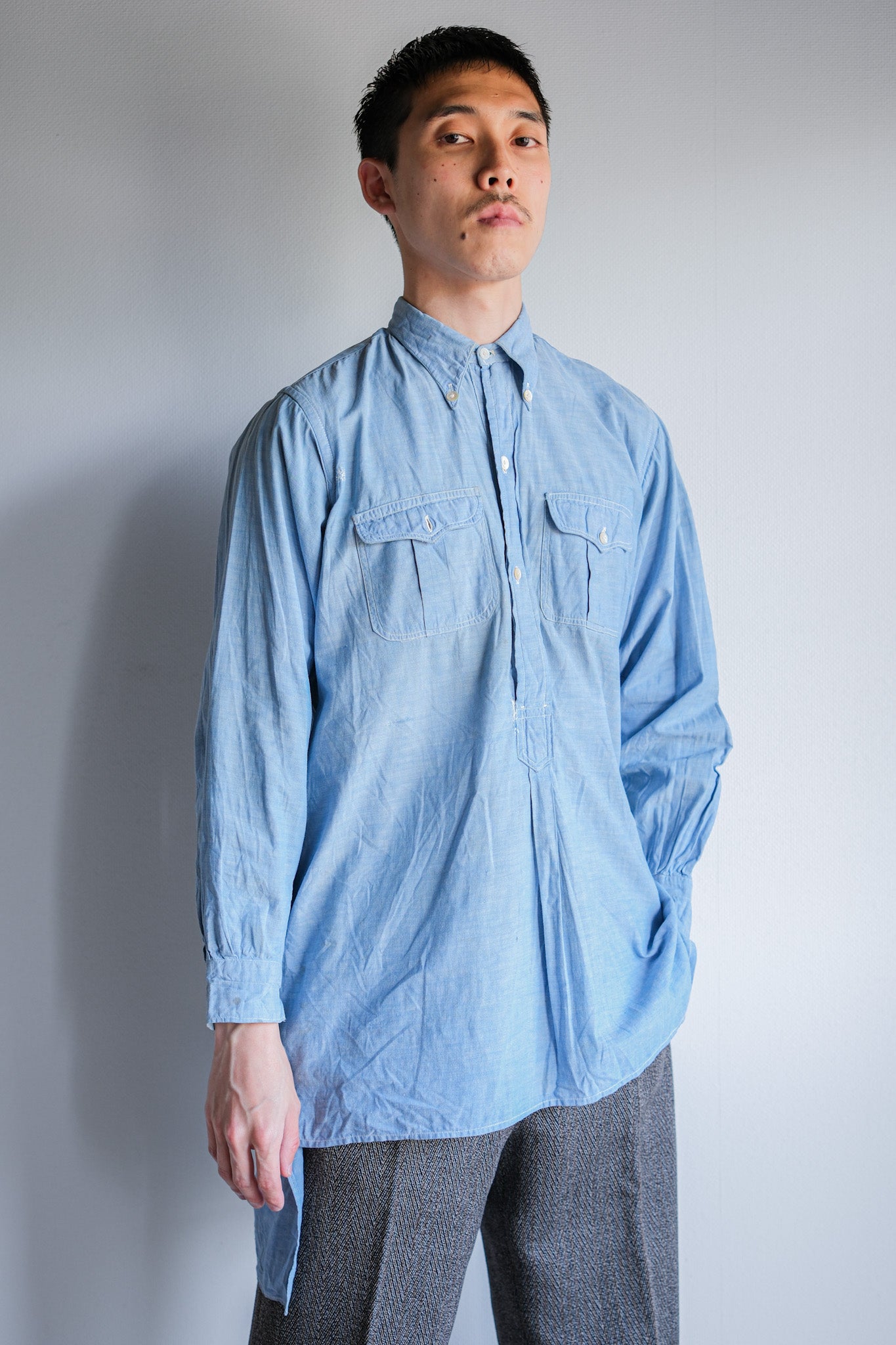 【~40's】French Vintage Chambray Grandpa Shirt