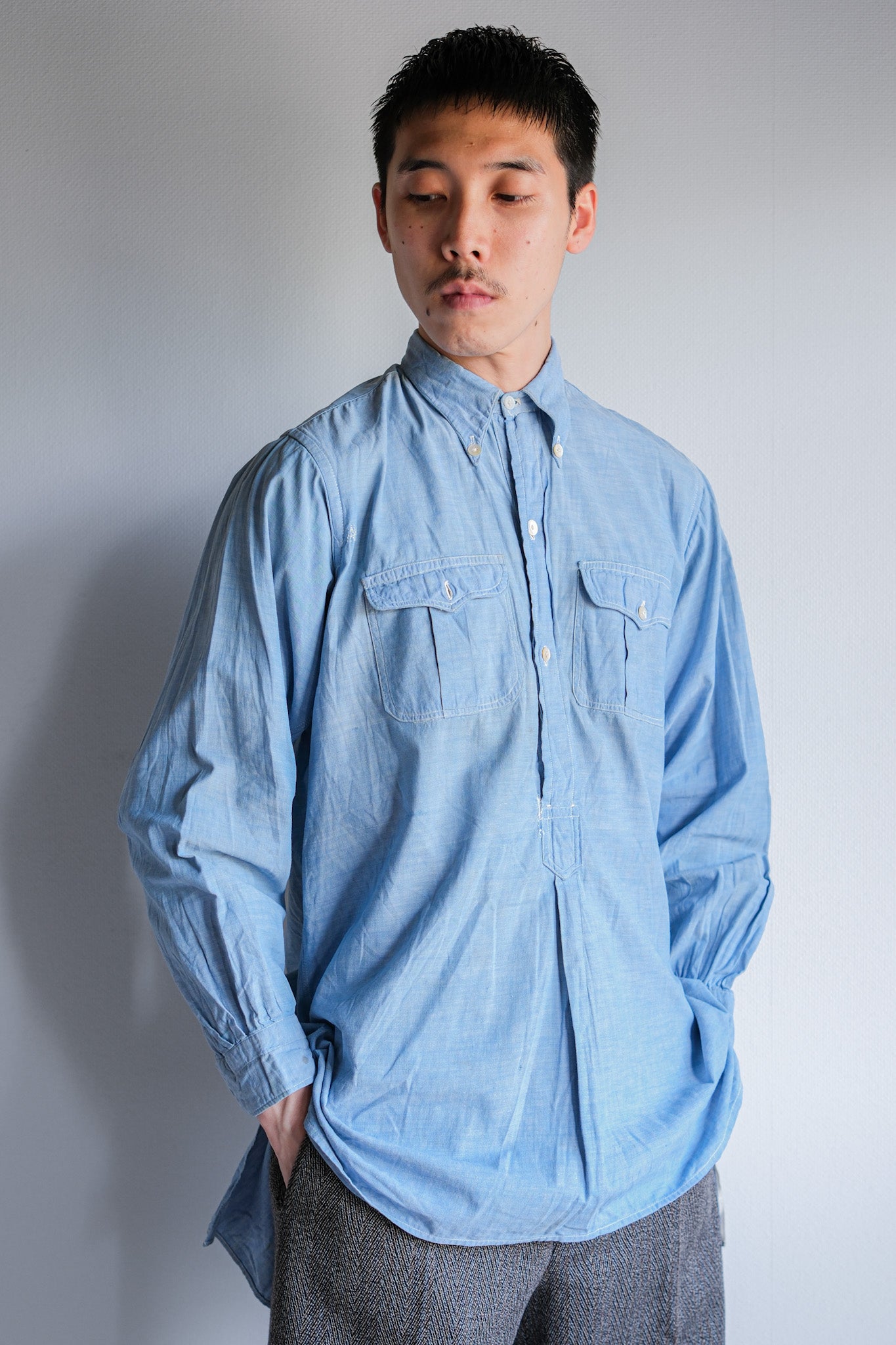 【~40's】French Vintage Chambray Grandpa Shirt