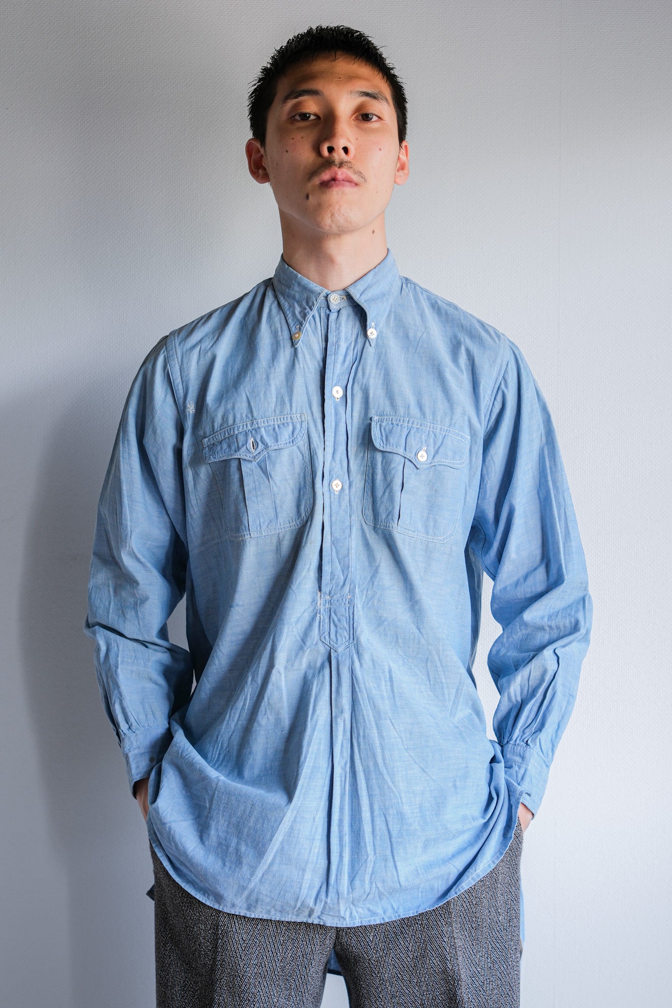 【~40's】French Vintage Chambray Grandpa Shirt