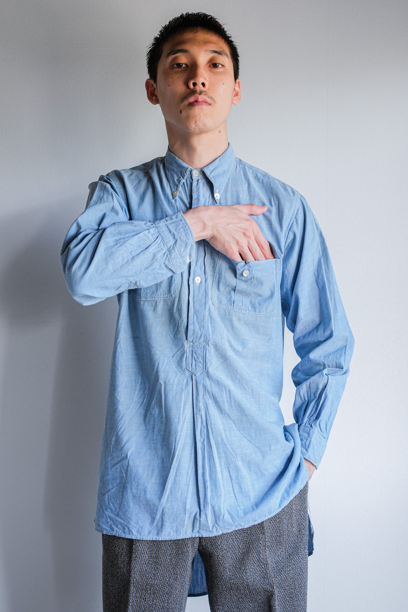 【~40's】French Vintage Chambray Grandpa Shirt