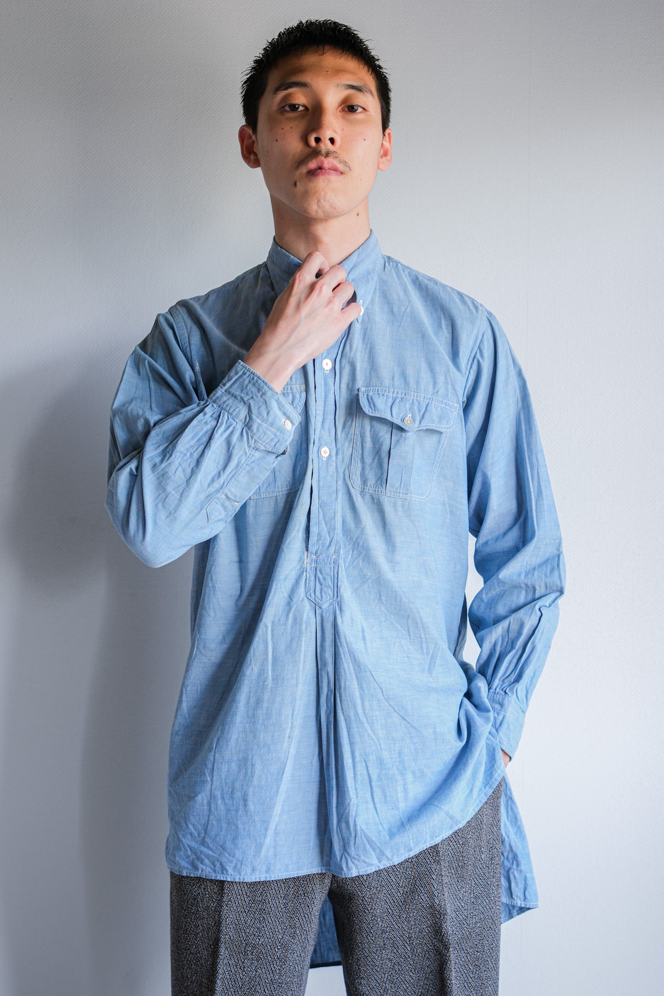 【~40's】French Vintage Chambray Grandpa Shirt