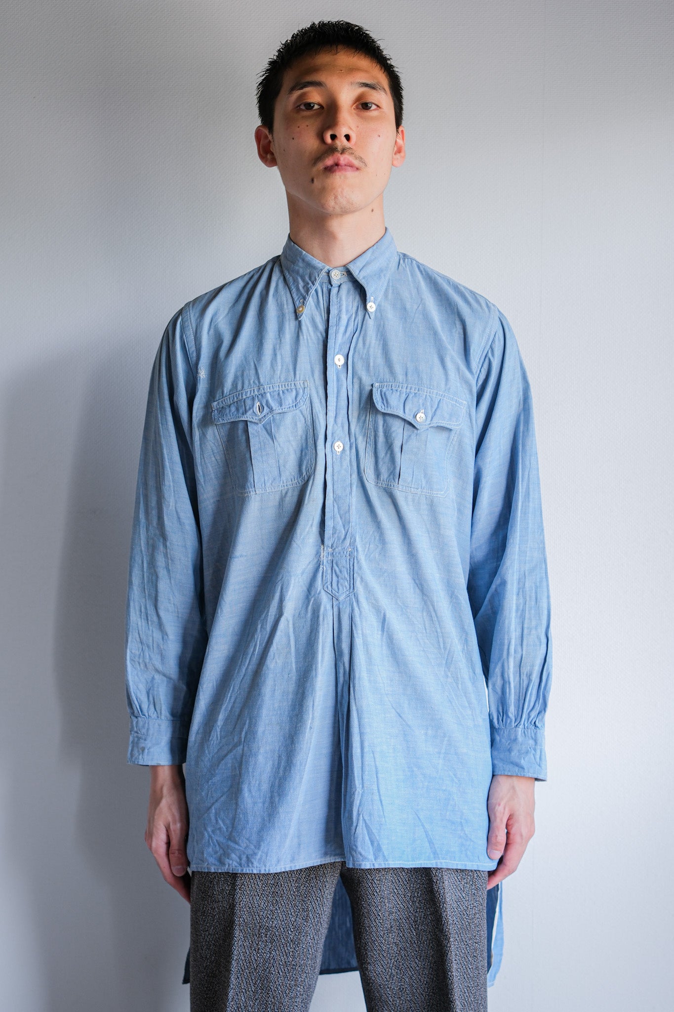 【~40's】French Vintage Chambray Grandpa Shirt