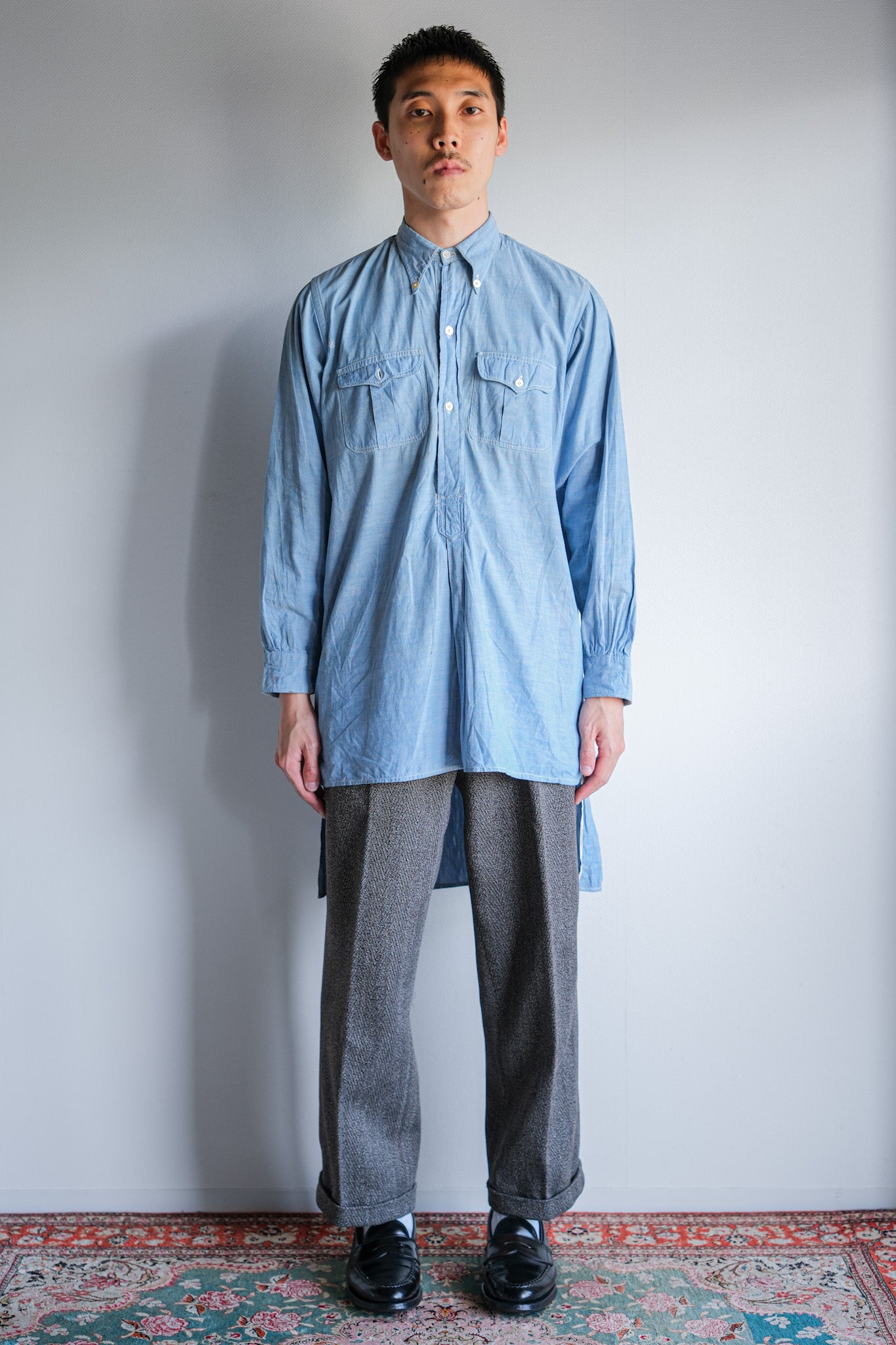【~40's】French Vintage Chambray Grandpa Shirt