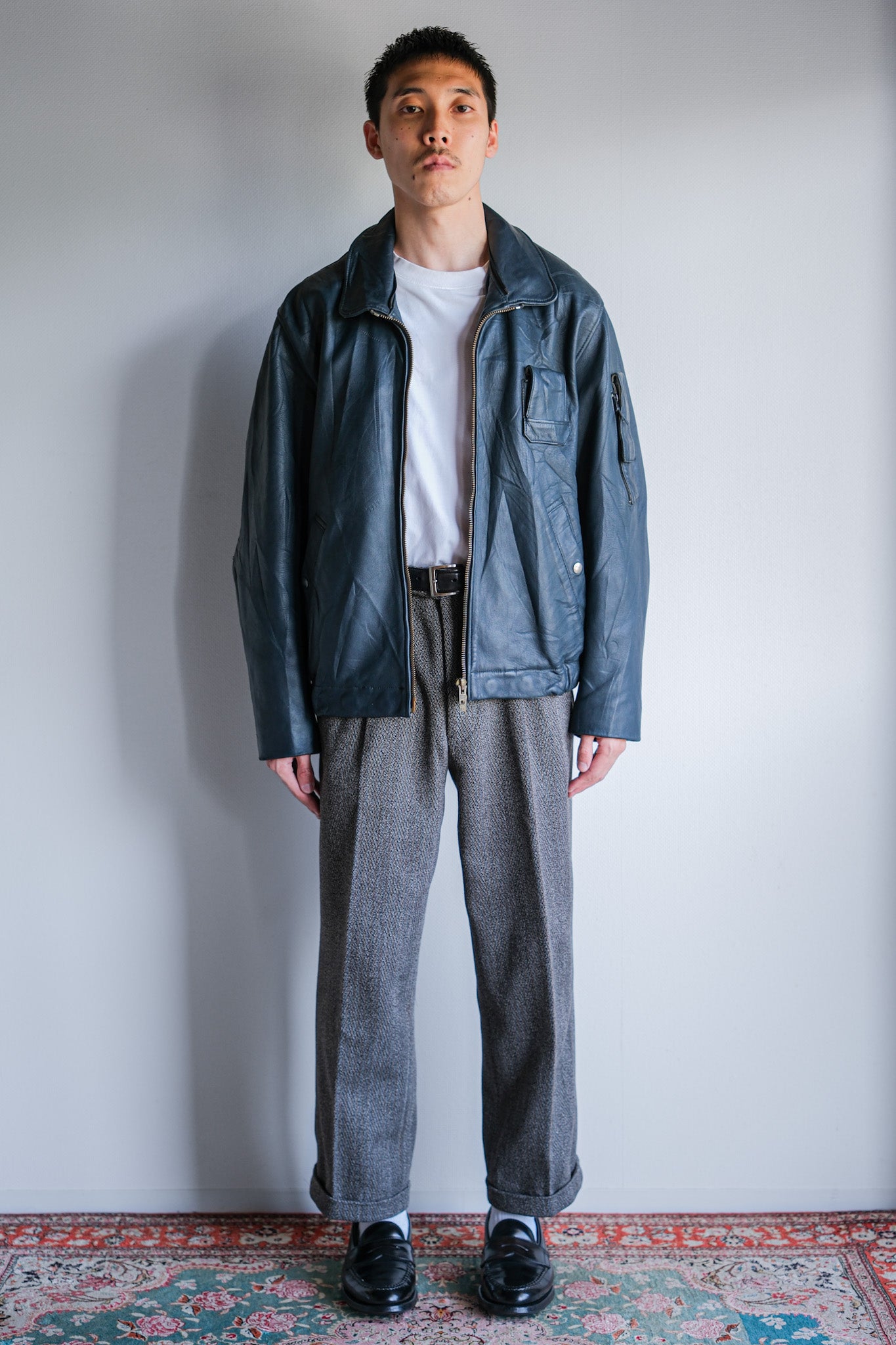 【~70's】French Air Force Pilot Leather Jacket With Chin Strap Size.96M