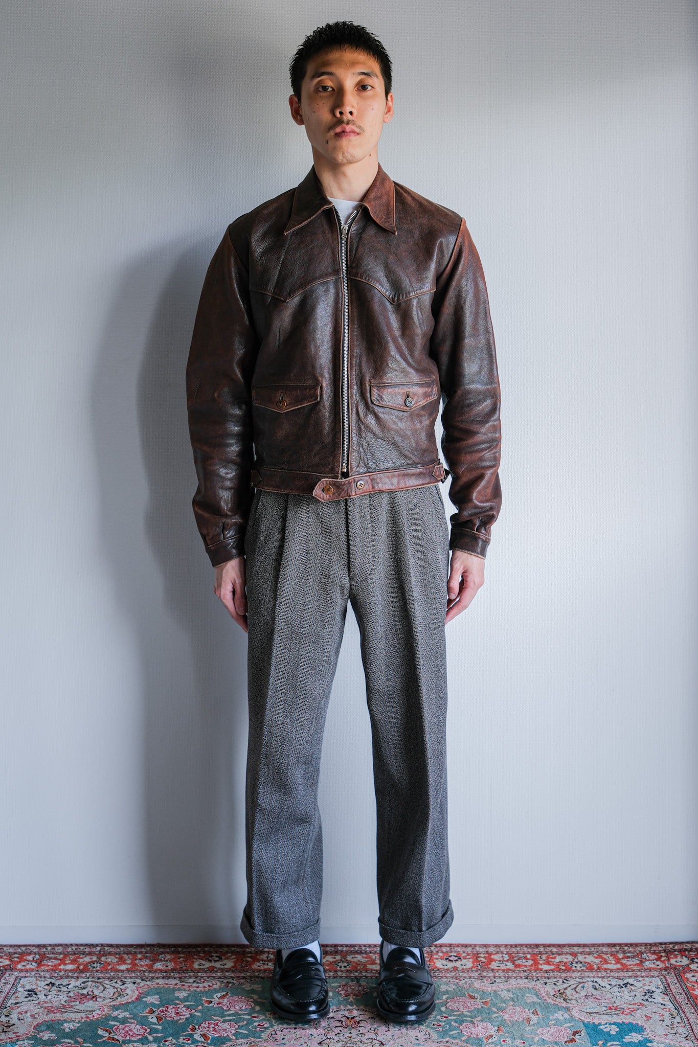 【~40's】French Vintage Leather Cyclist Jacket