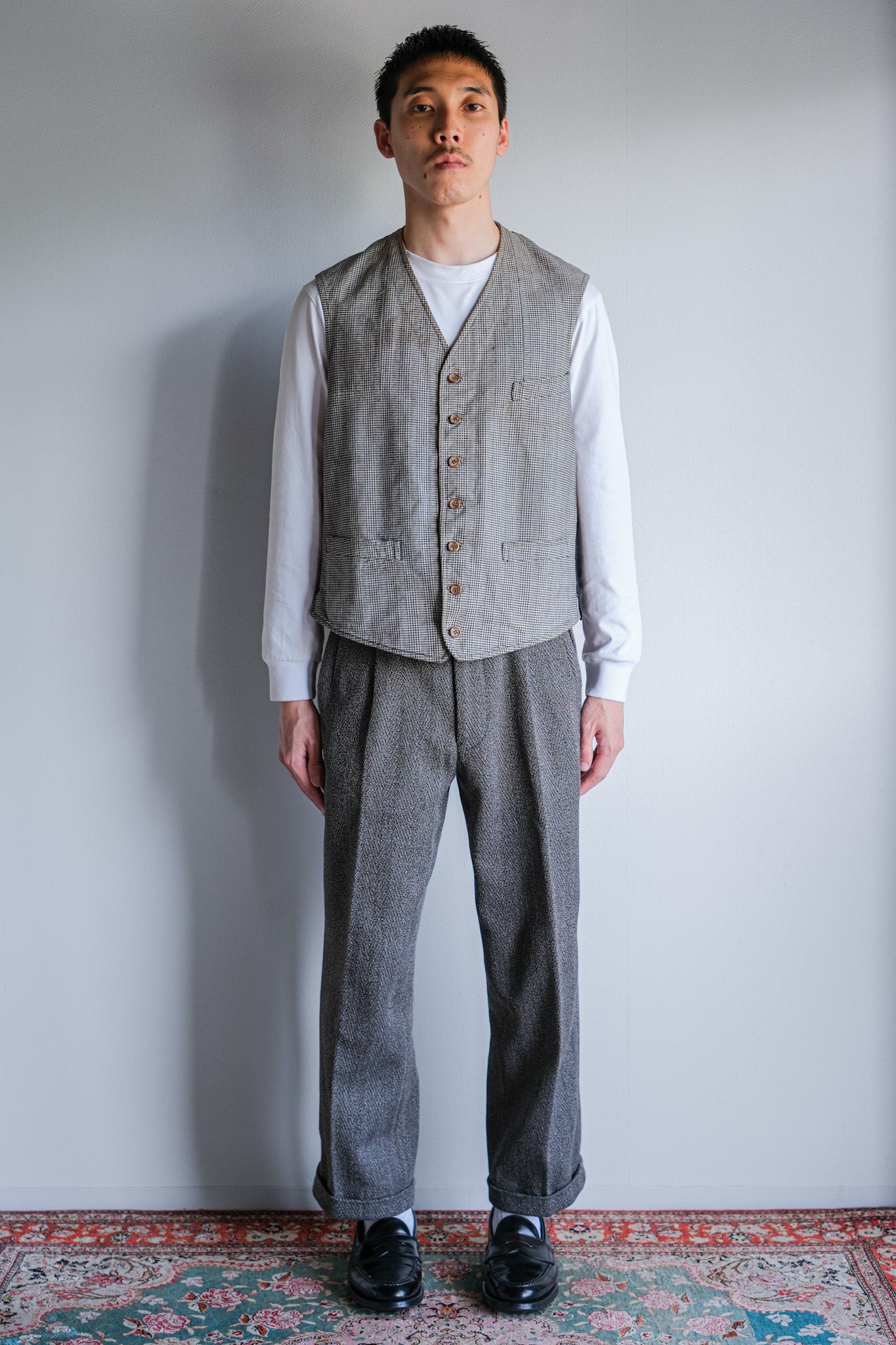 【~30's】French Vintage Houndstooth Cotton Work Gilet "Unusual Fabric"