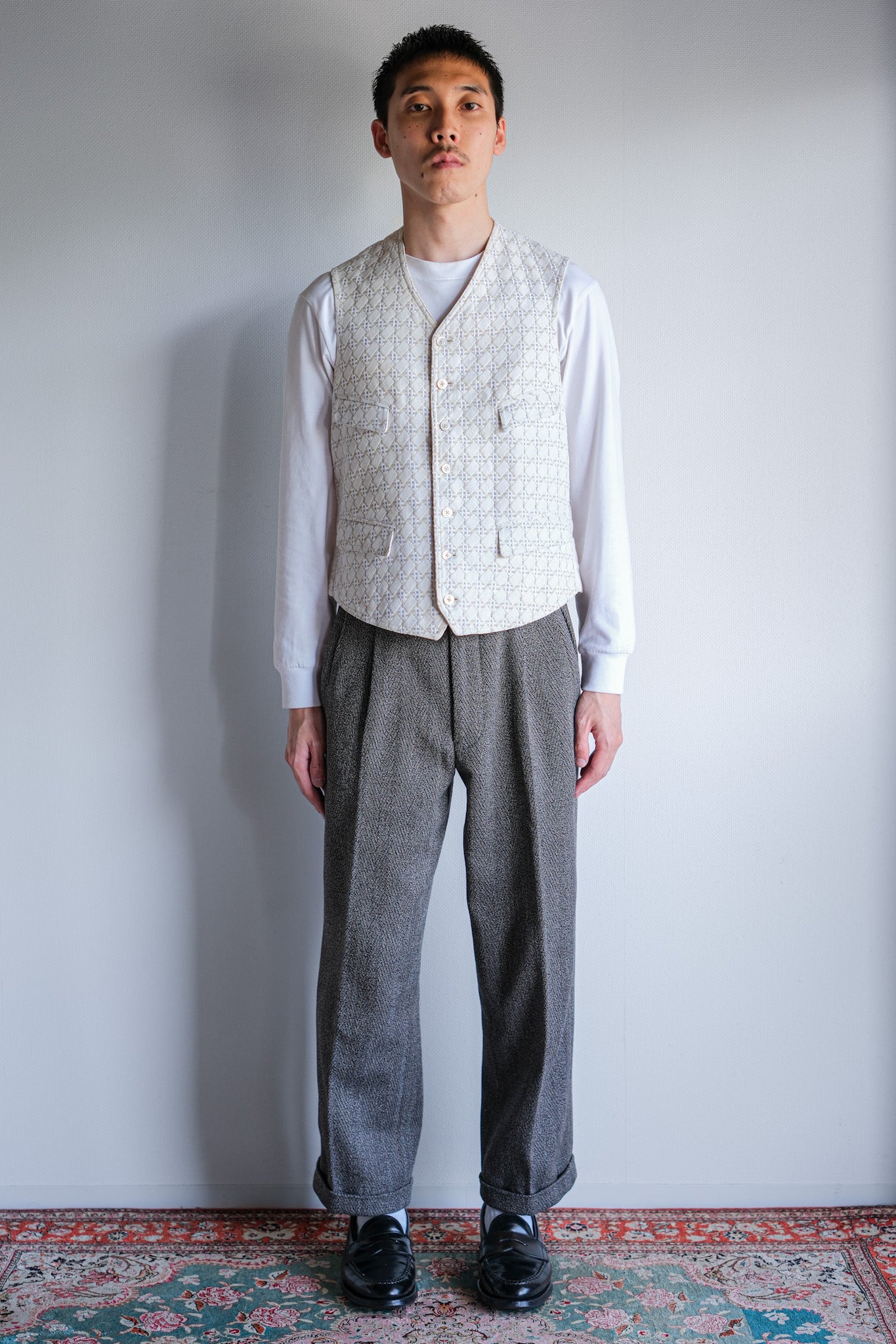 【~30's】French Vintage White Cotton Work Gilet "Unusual Fabric"