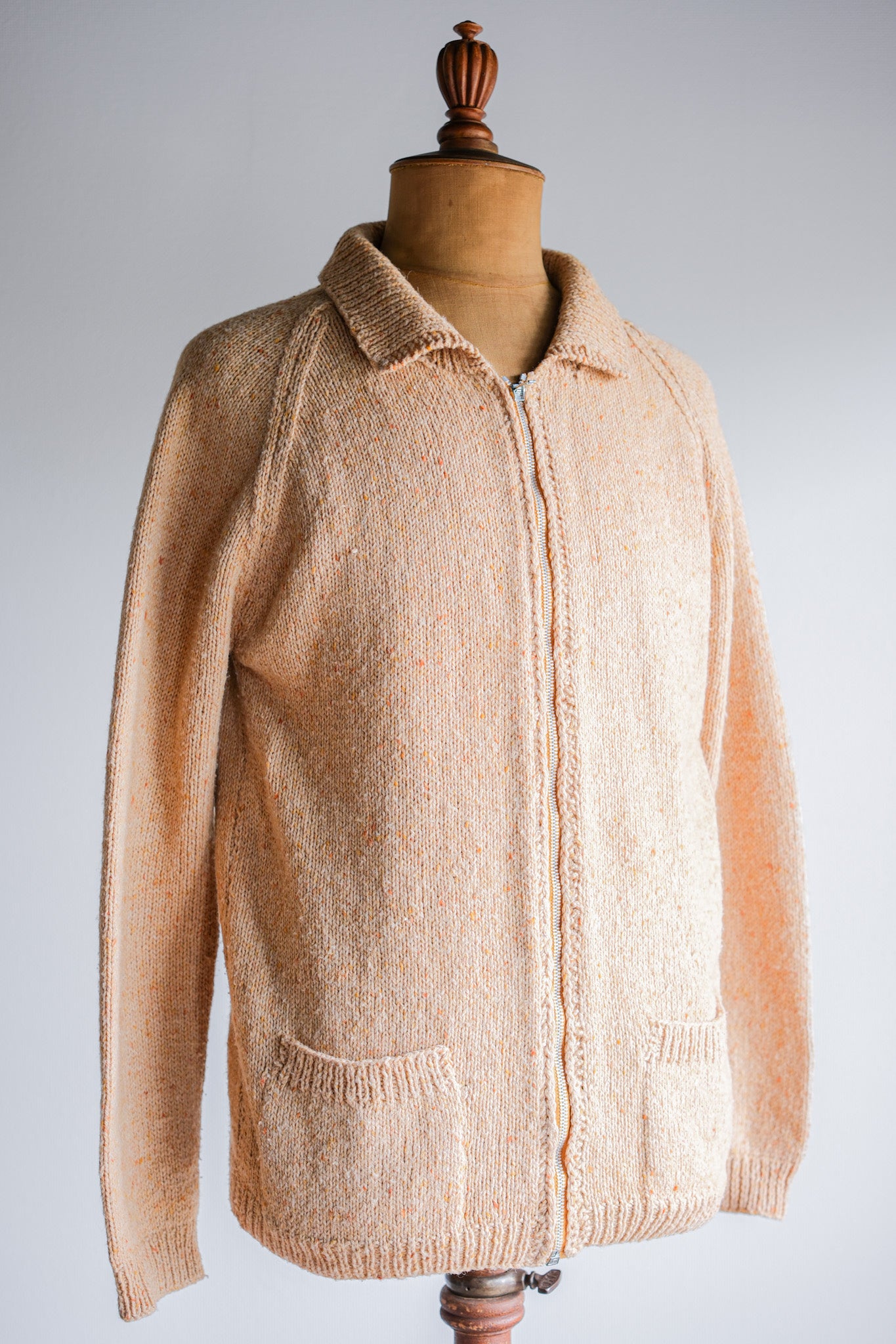 【~60's】British Vintage Raglan Sleeve Zip Up Wool Cardigan "Handmade"