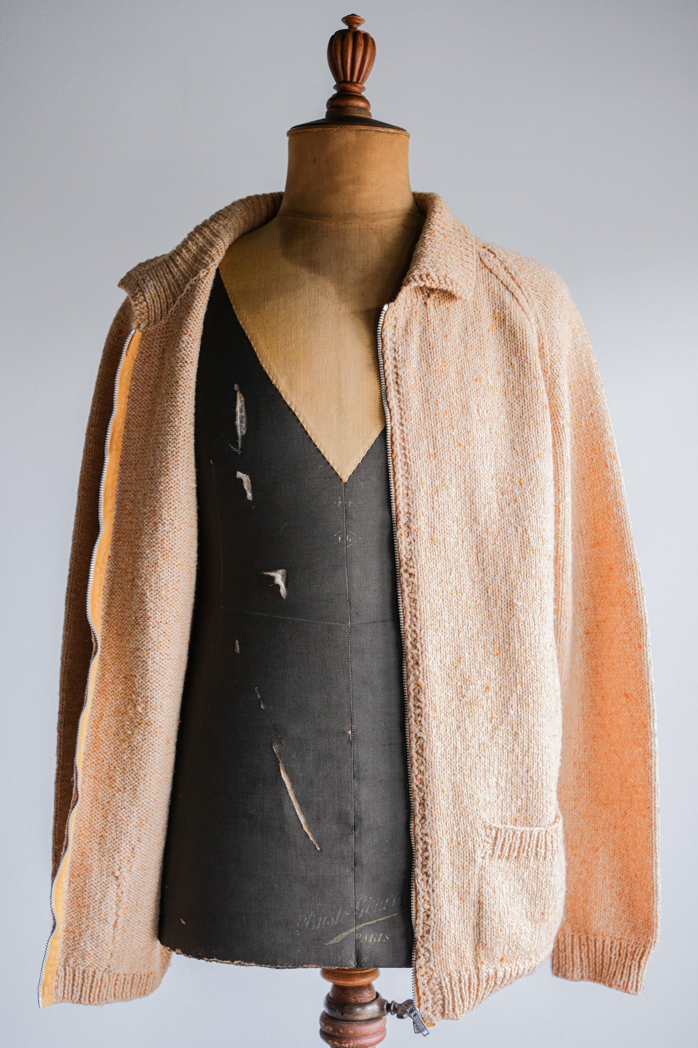 【~60's】British Vintage Raglan Sleeve Zip Up Wool Cardigan "Handmade"