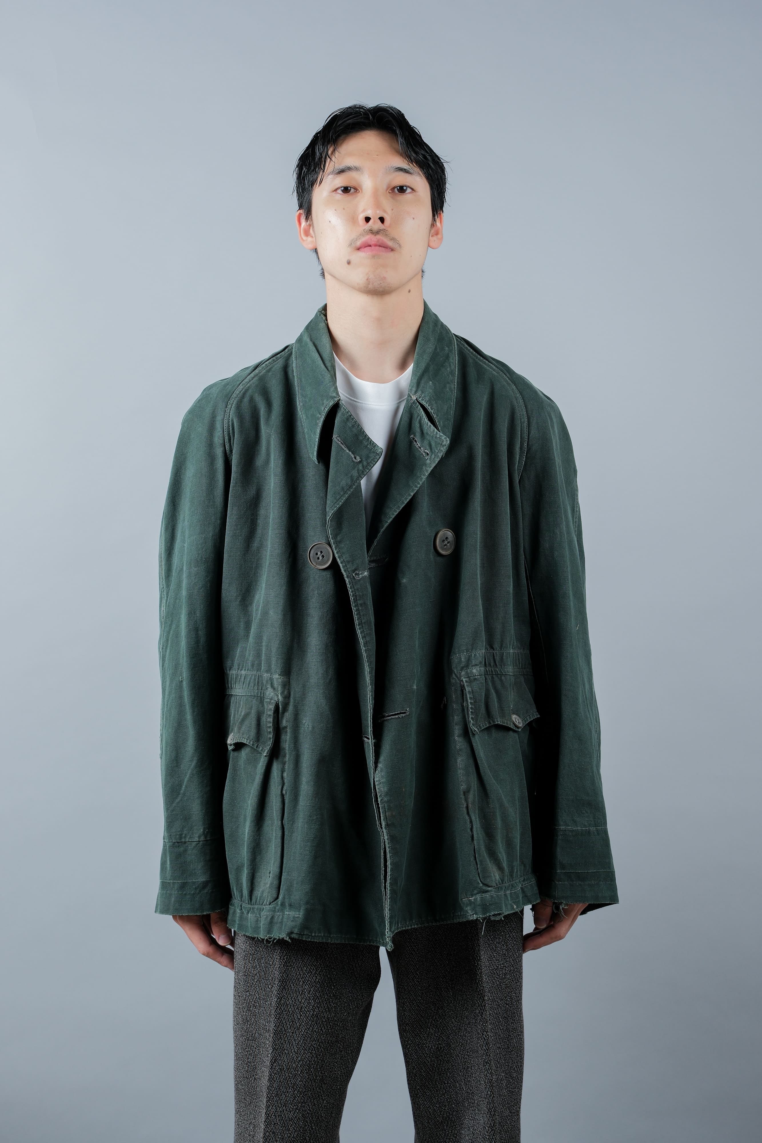 【~40's】WWII French CJF Green Cotton Linen Double Breasted Jacket "Modified"