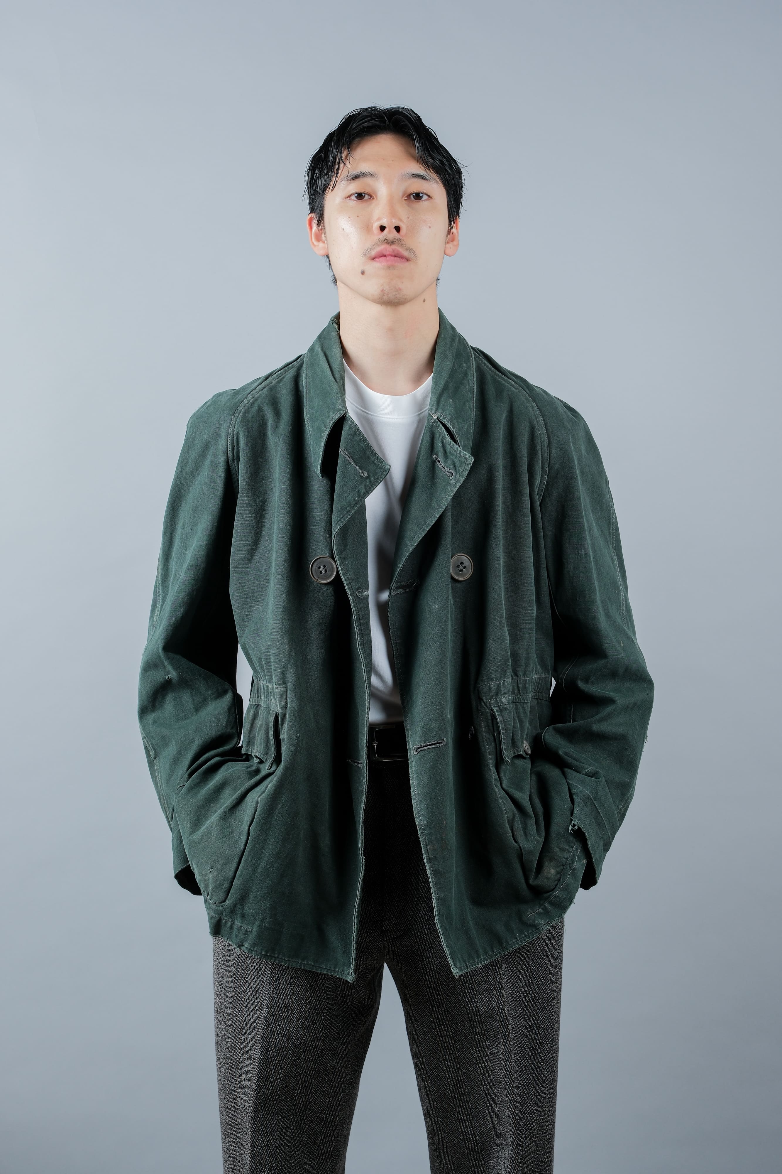 【~40's】WWII French CJF Green Cotton Linen Double Breasted Jacket "Modified"