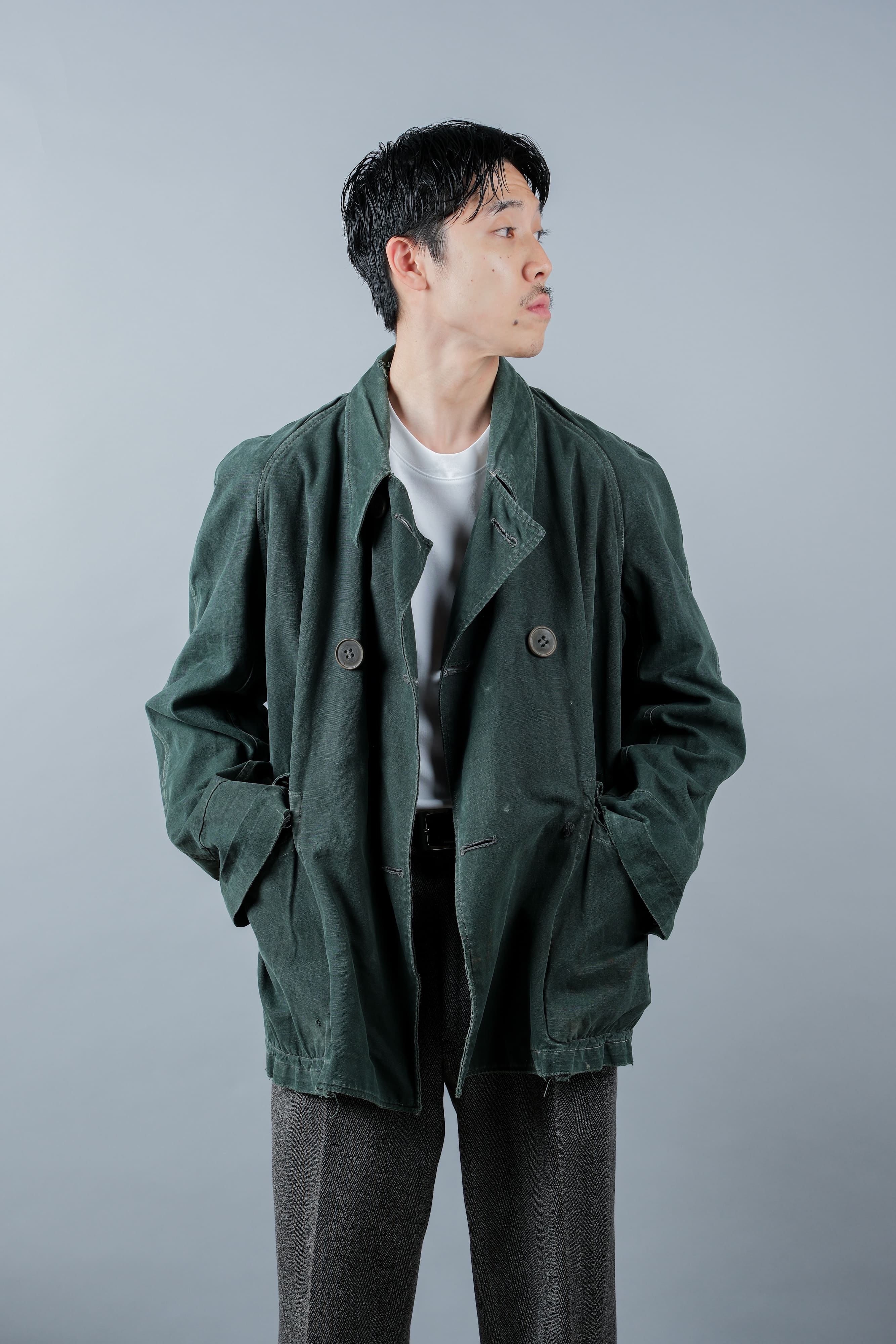 【~40's】WWII French CJF Green Cotton Linen Double Breasted Jacket "Modified"