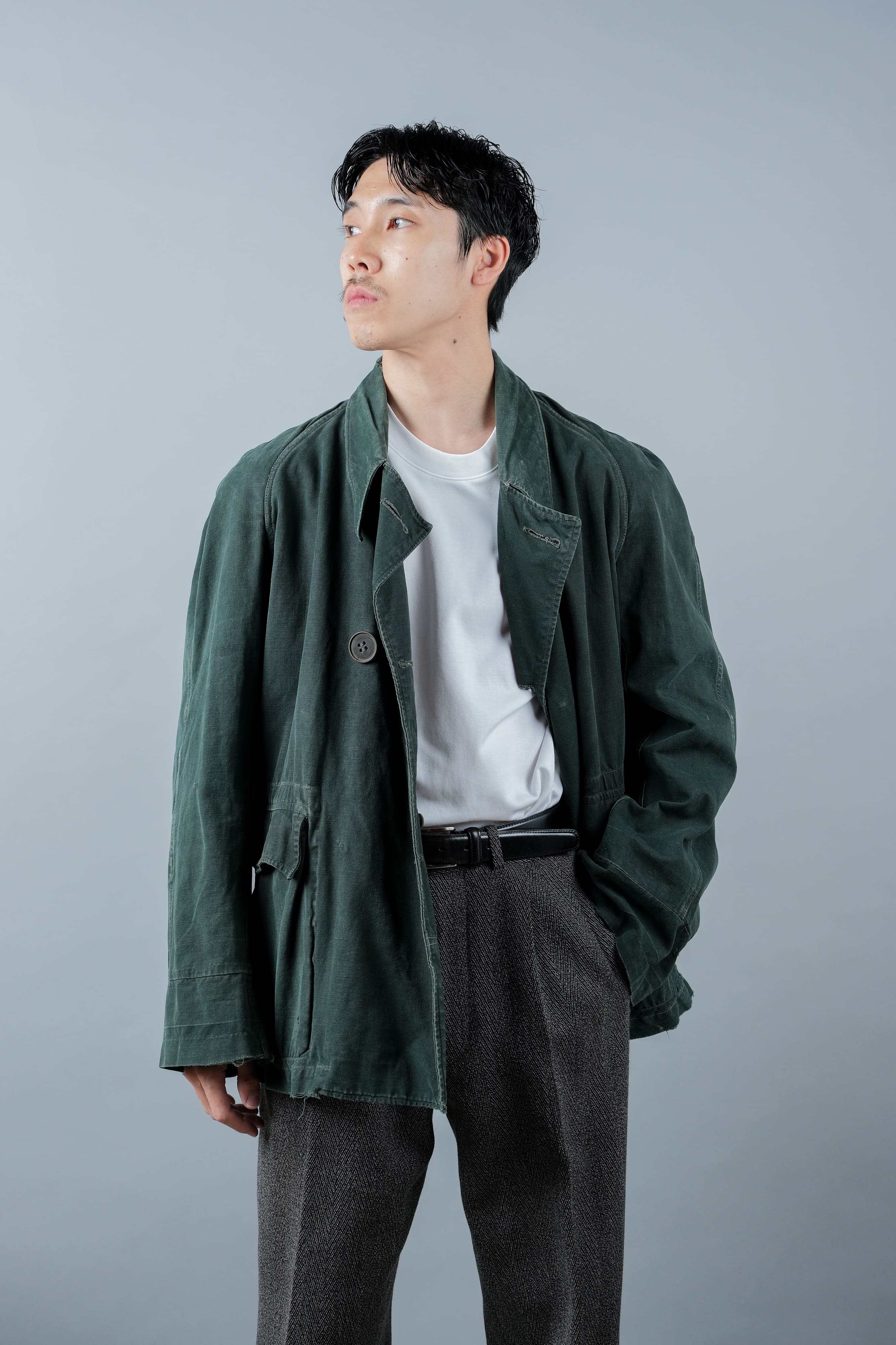 【~40's】WWII French CJF Green Cotton Linen Double Breasted Jacket "Modified"