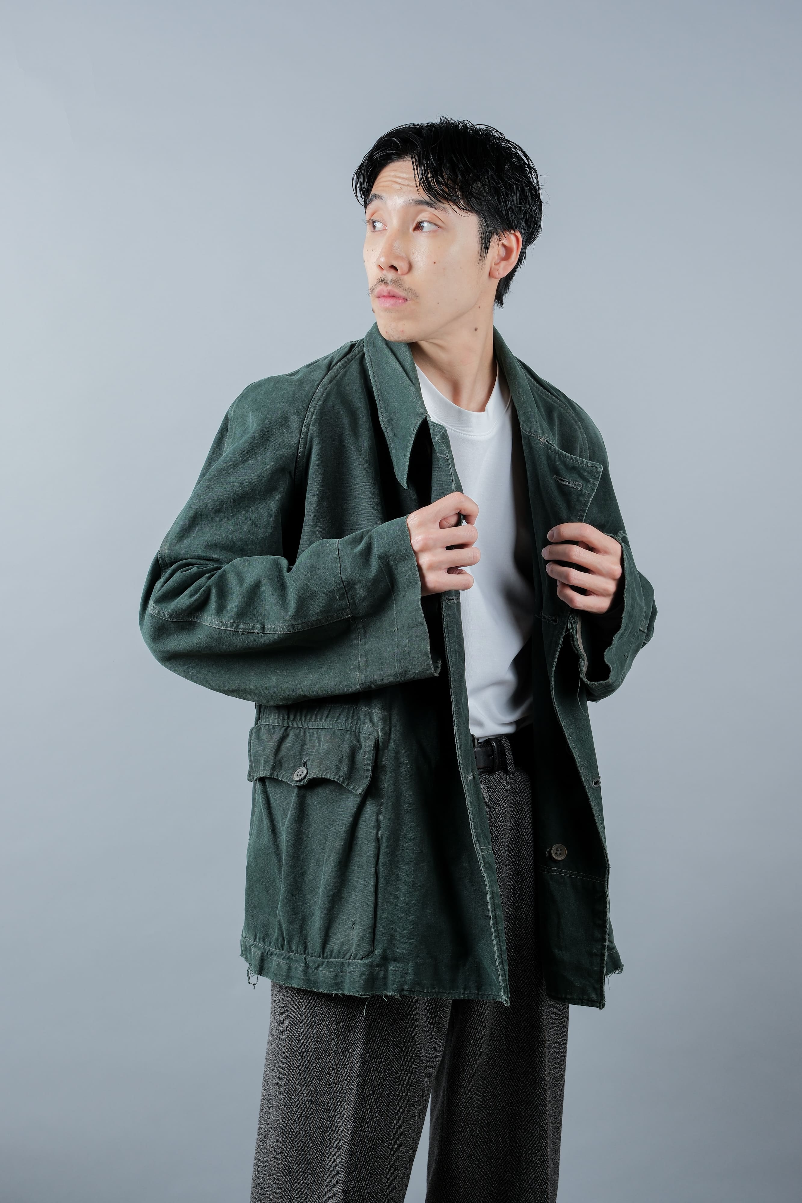 【~40's】WWII French CJF Green Cotton Linen Double Breasted Jacket "Modified"