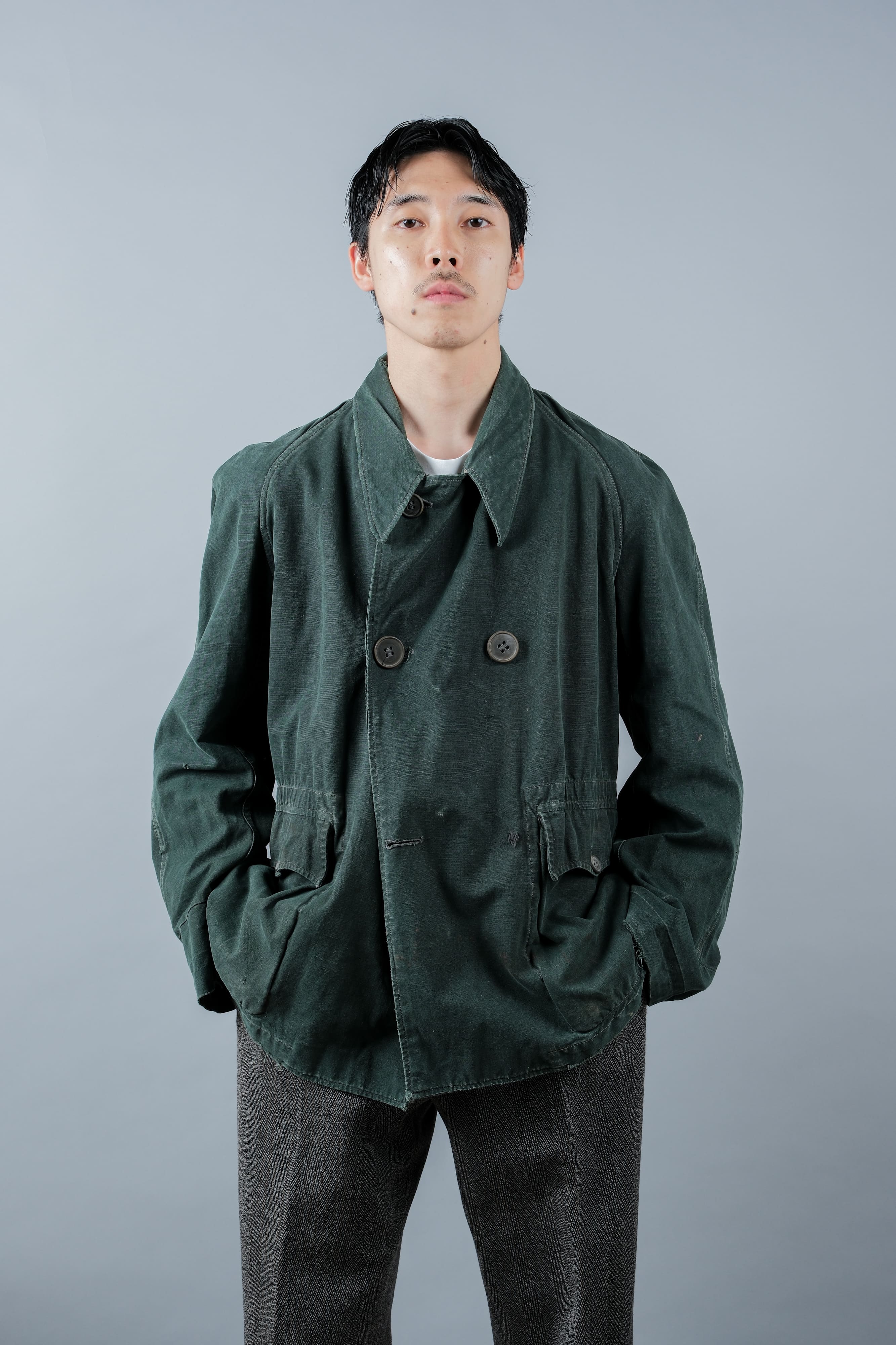【~40's】WWII French CJF Green Cotton Linen Double Breasted Jacket "Modified"