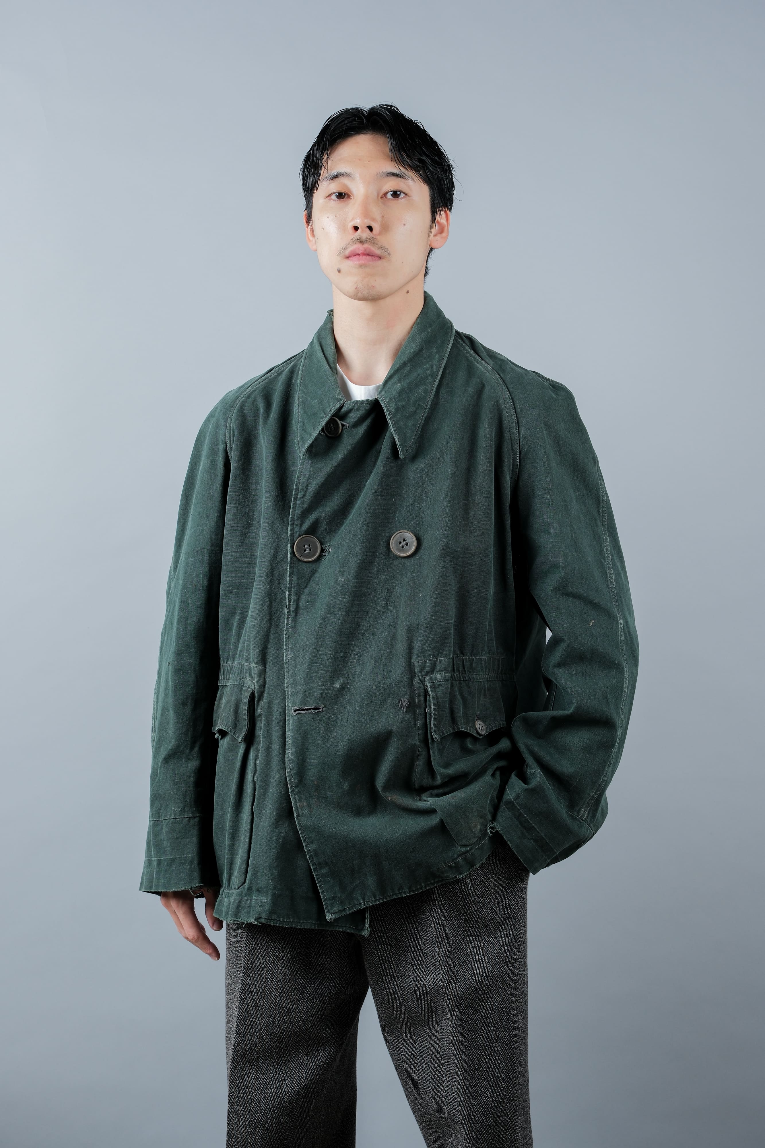【~40's】WWII French CJF Green Cotton Linen Double Breasted Jacket "Modified"