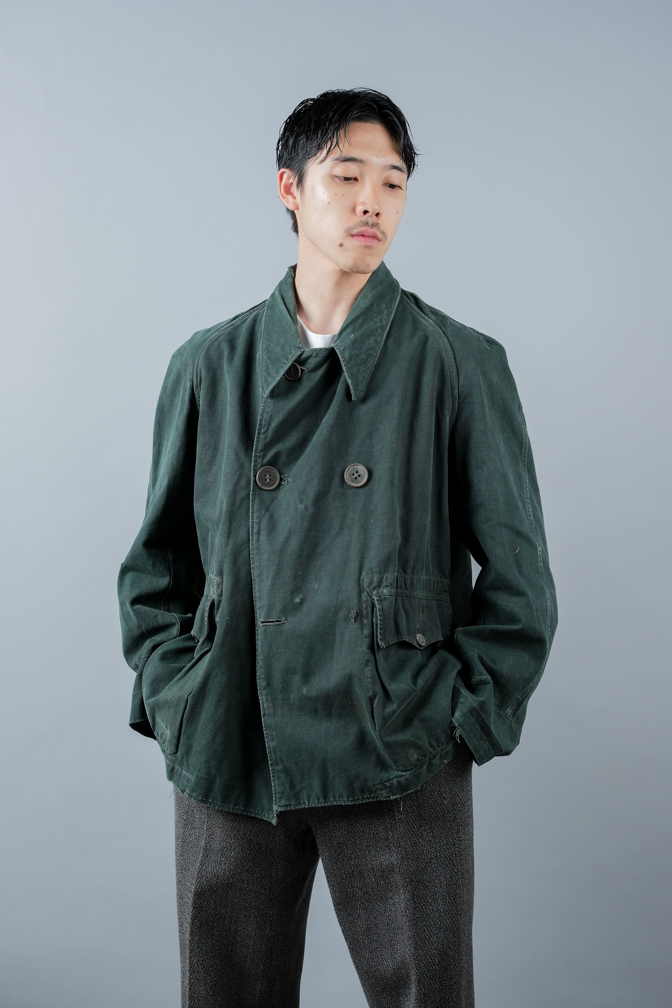 【~40's】WWII French CJF Green Cotton Linen Double Breasted Jacket "Modified"
