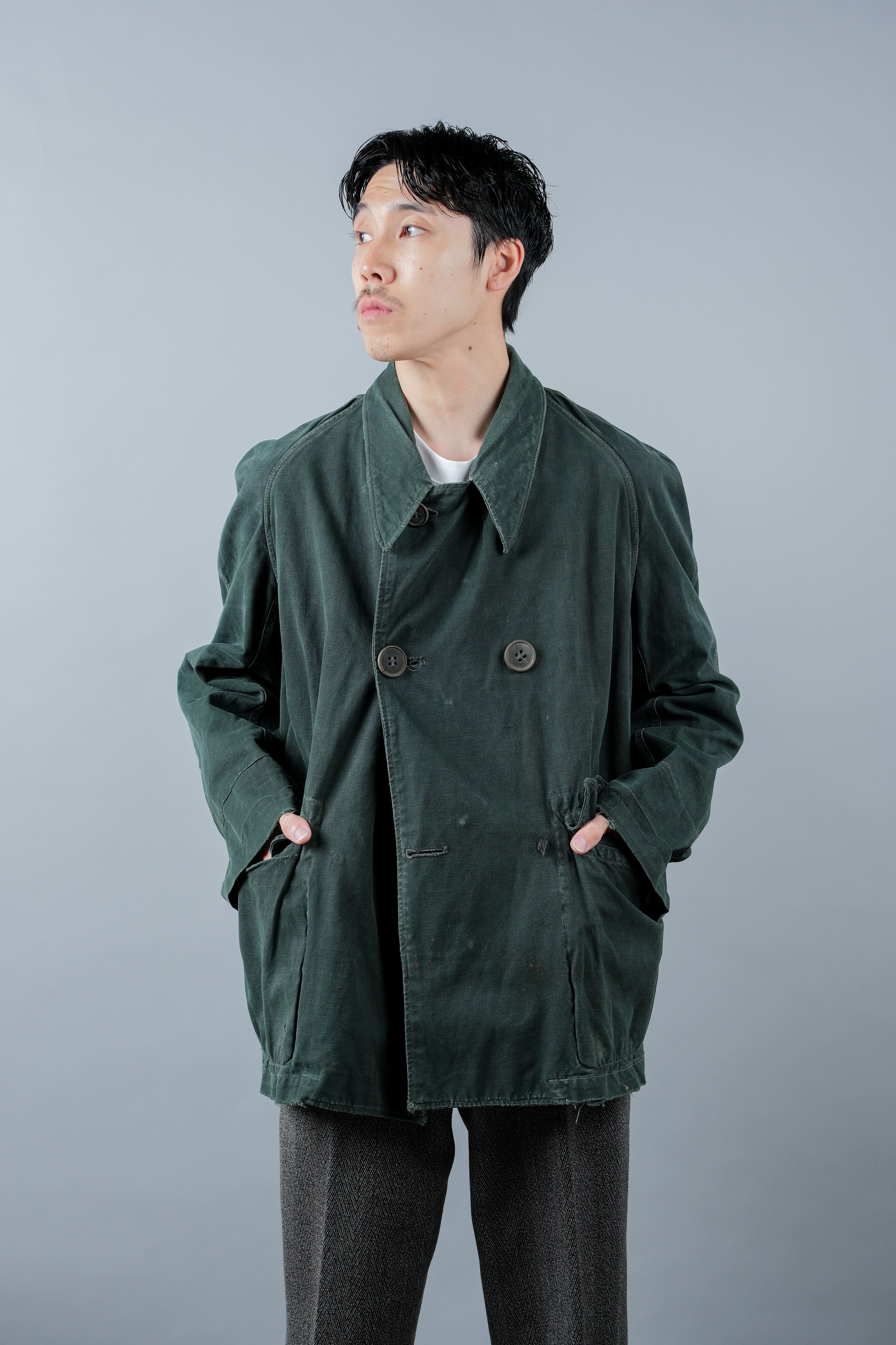 【~40's】WWII French CJF Green Cotton Linen Double Breasted Jacket "Modified"